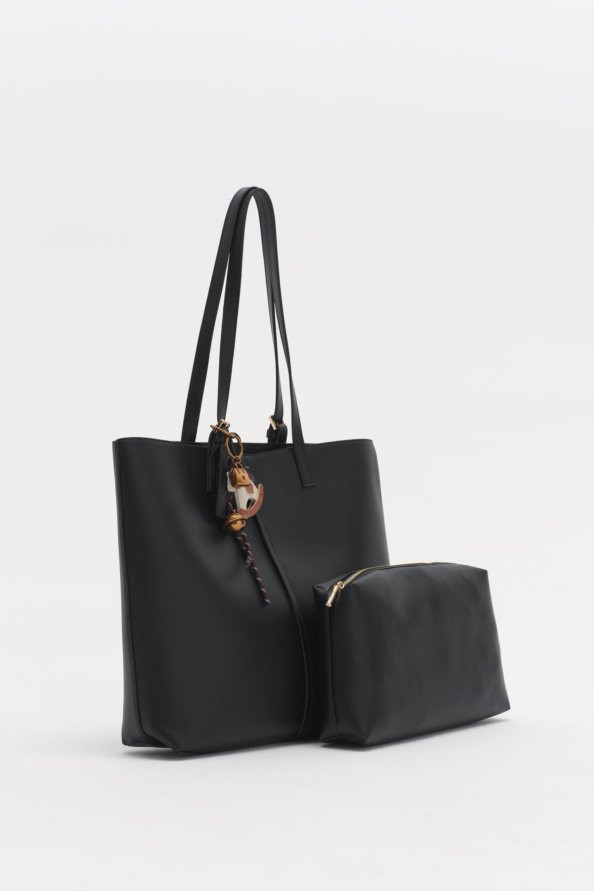Çift Saplı Charm Detaylı Shopper Çanta  Siyah