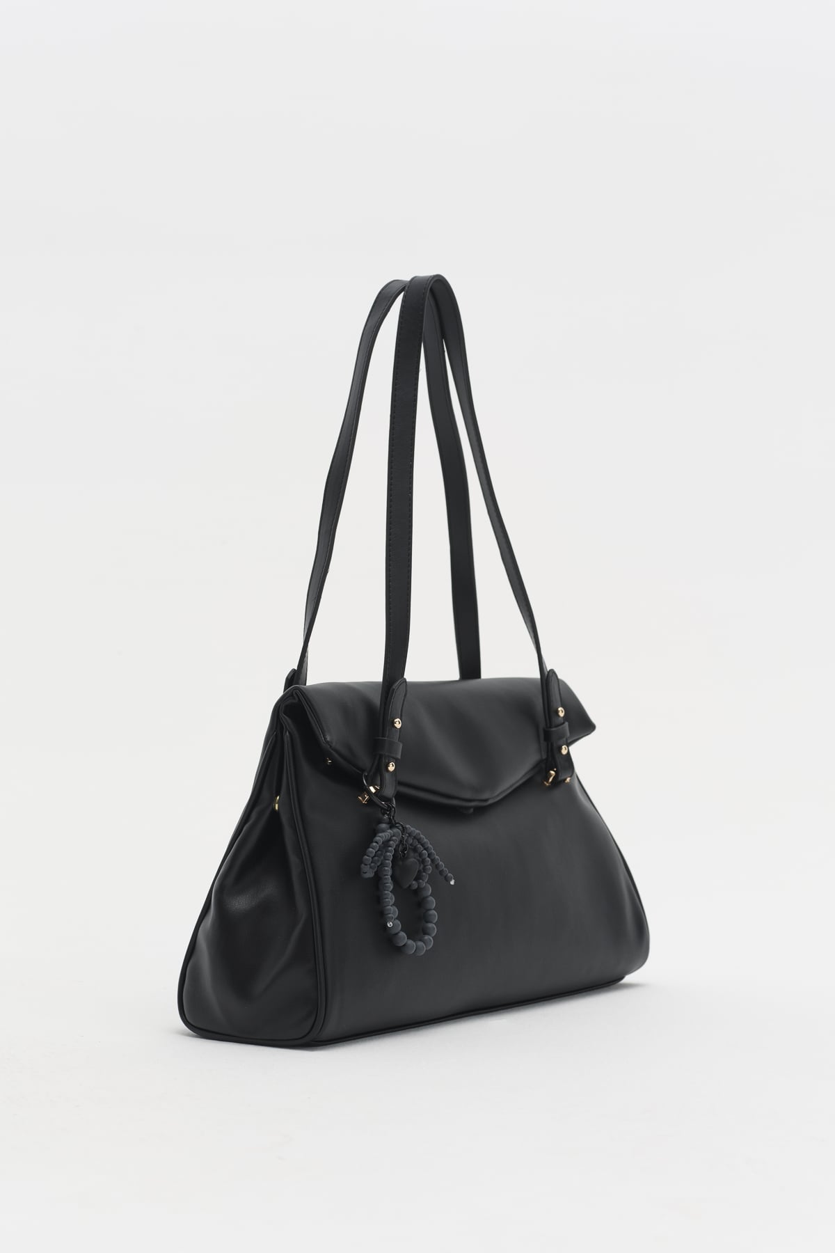 Çift Saplı Charm Detaylı Shopper Çanta  Siyah