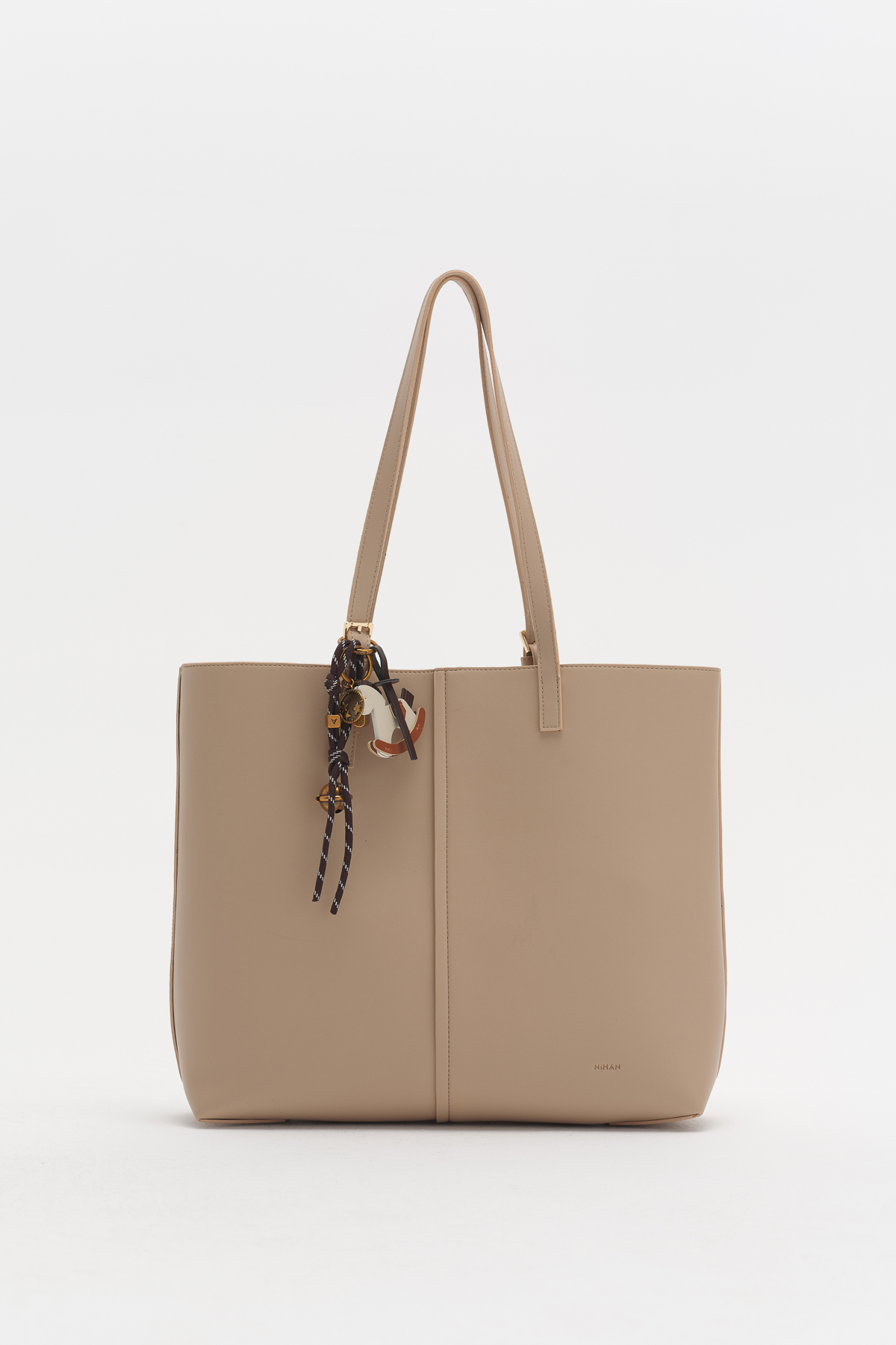 Çift Saplı Charm Detaylı Shopper Çanta  Toprak