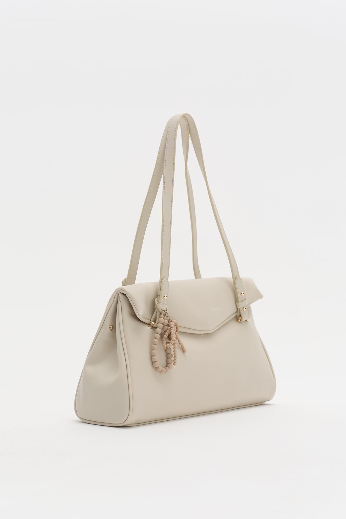 Çift Saplı Charm Detaylı Shopper Çanta  Bej