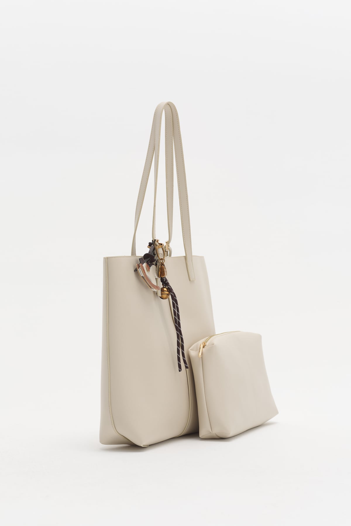 Çift Saplı Charm Detaylı Shopper Çanta  Bej