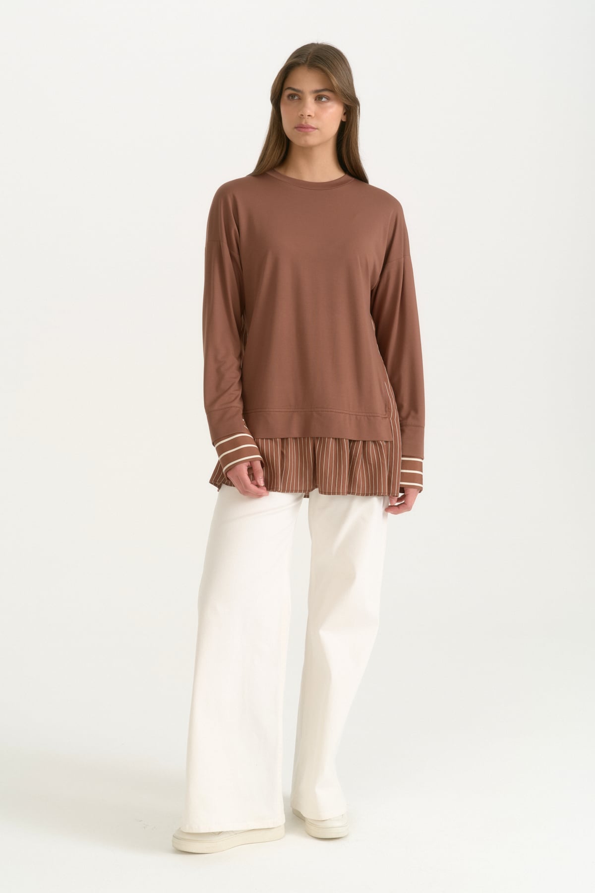 Çizgi Kumaş Kombinli Örme Rayon Karışımlı Tunik  Kahve