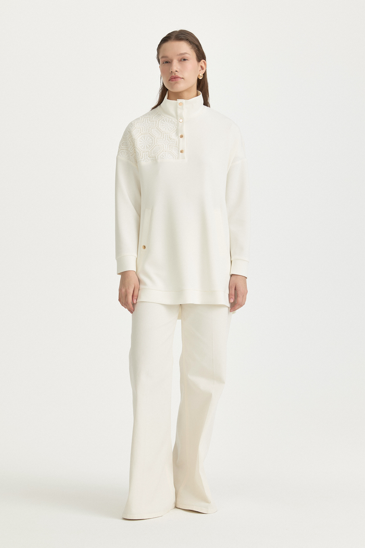 Dantel Detaylı Örme Tunik  Ekru