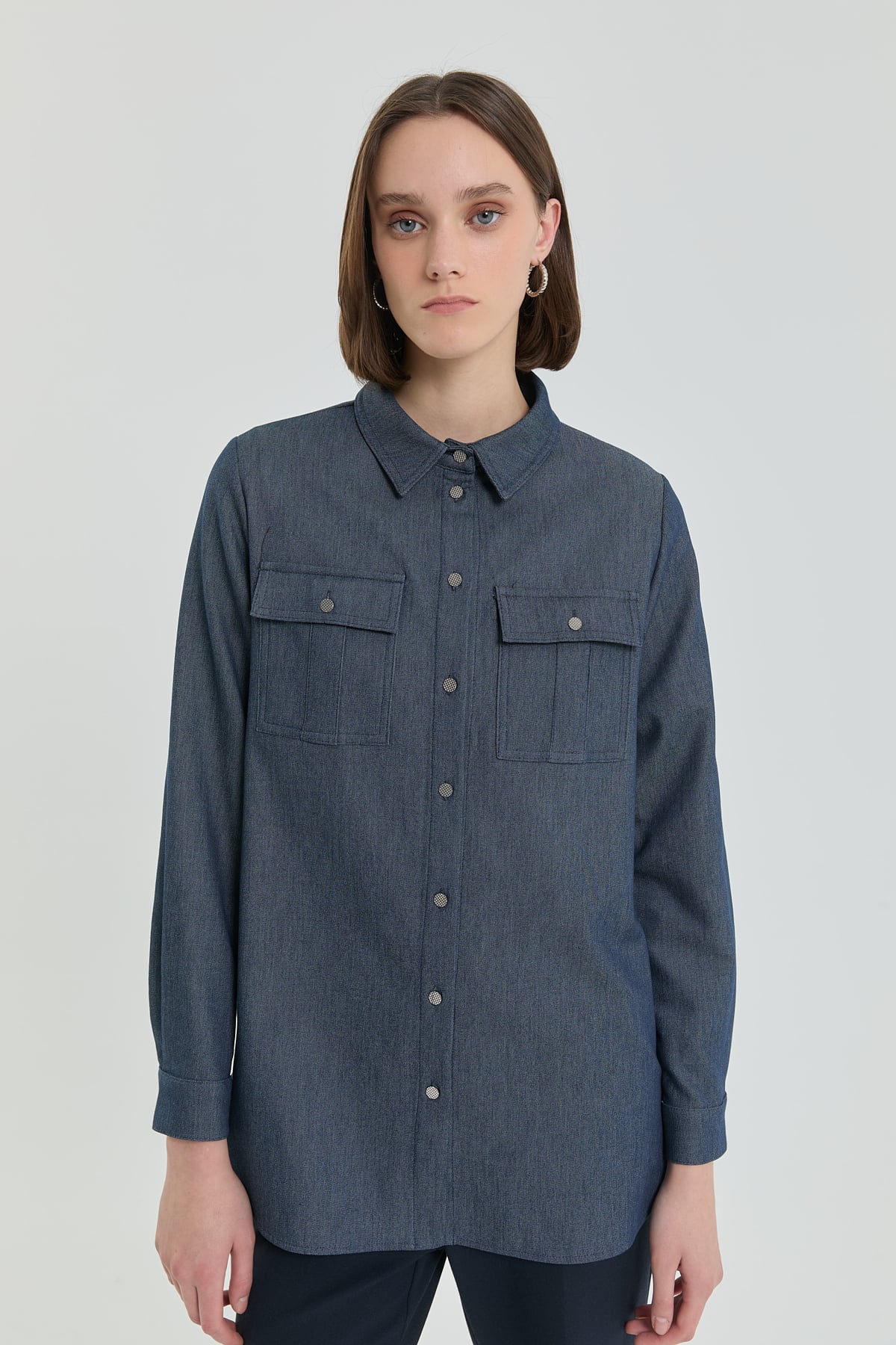 Denim Görünümlü Cep Detaylı Tunik  İndigo