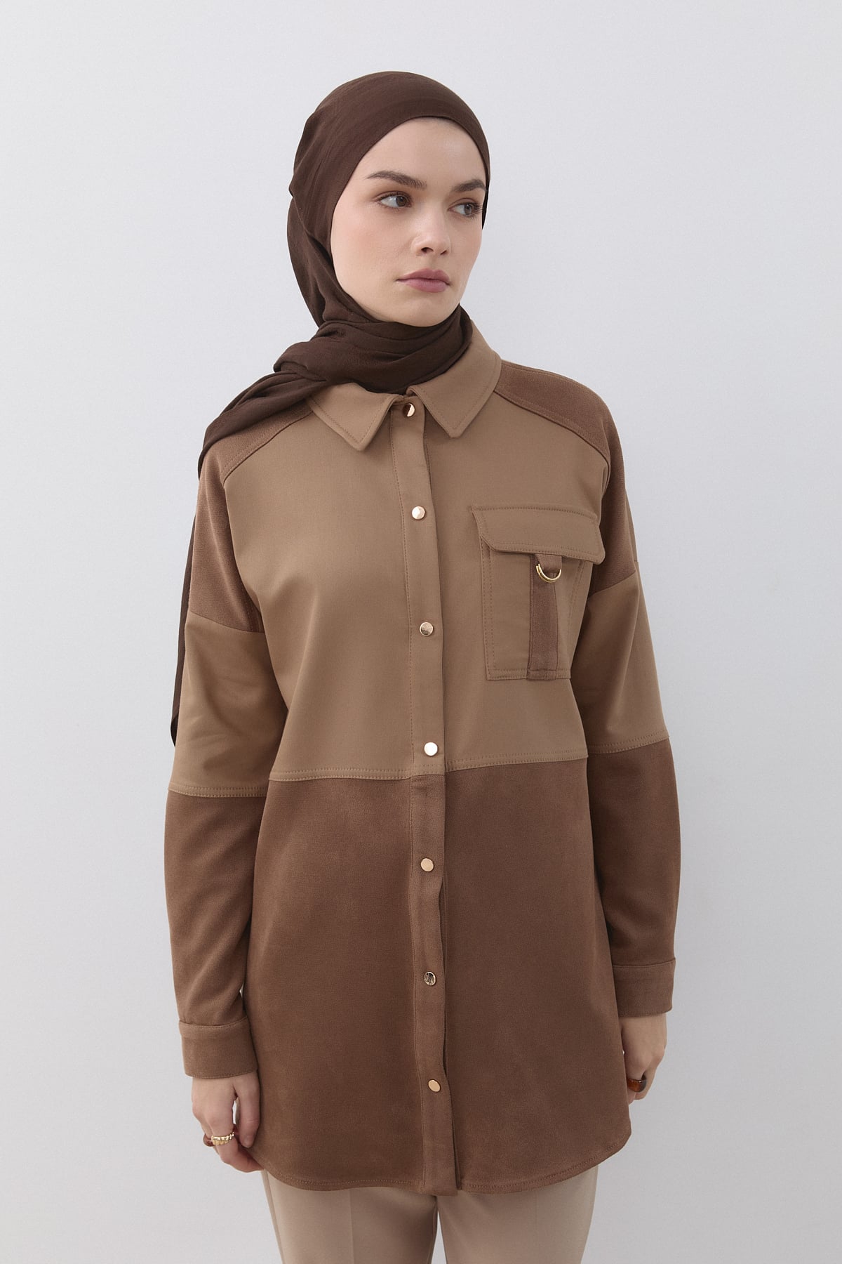 Denim Görünümlü D Toka Detaylı Tunik  Camel