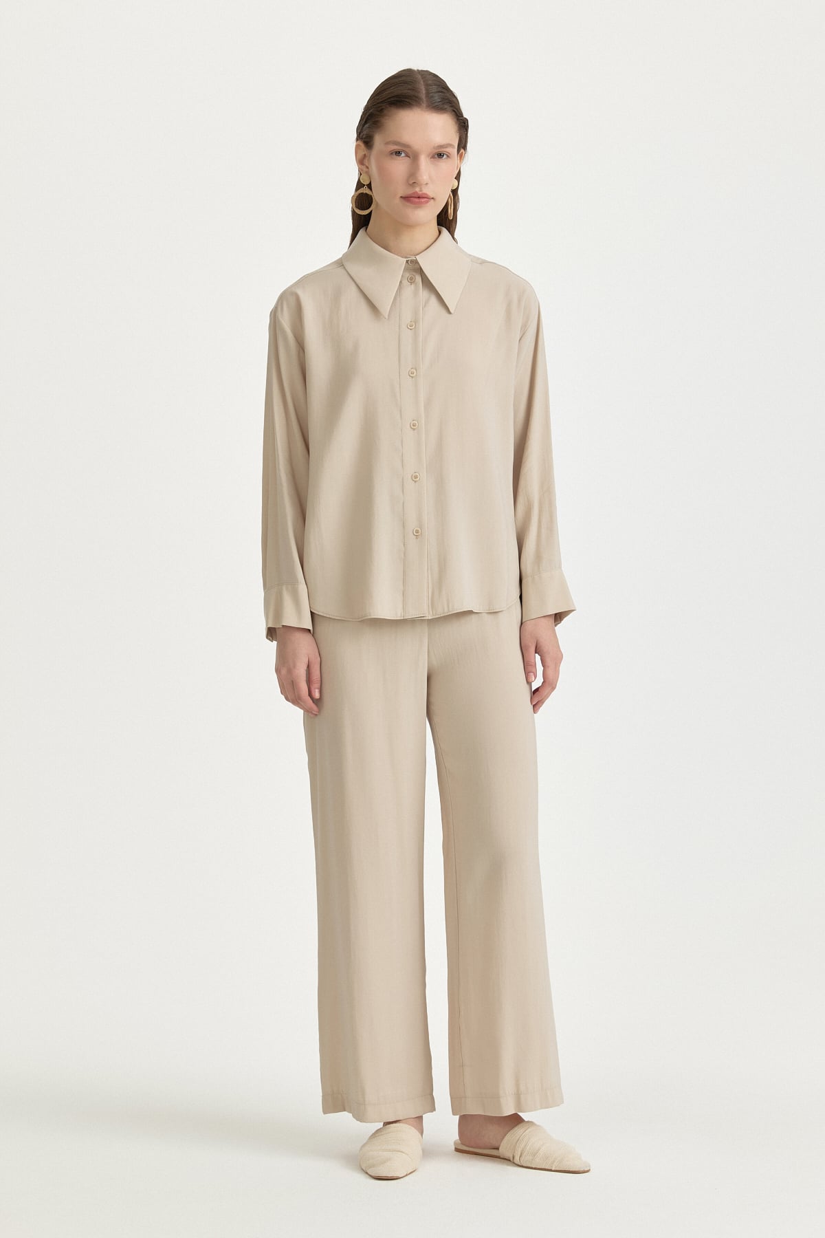 Düşük Kollu Basic Modal Gömlek  Bej