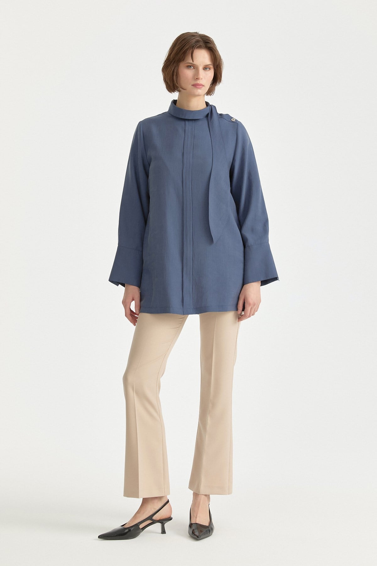 Fular Yaka Tencel Tunik  İndigo
