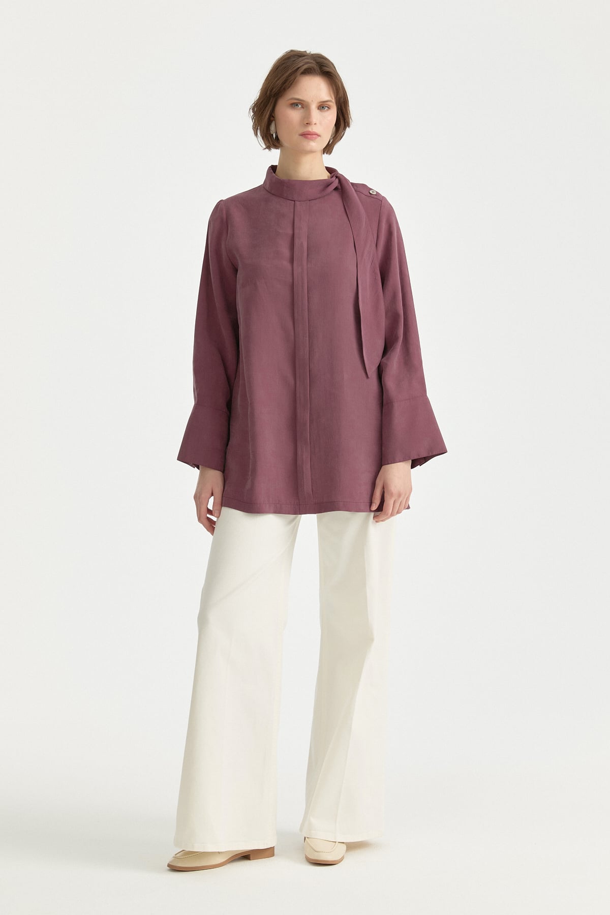 Fular Yaka Tencel Tunik  Mürdüm