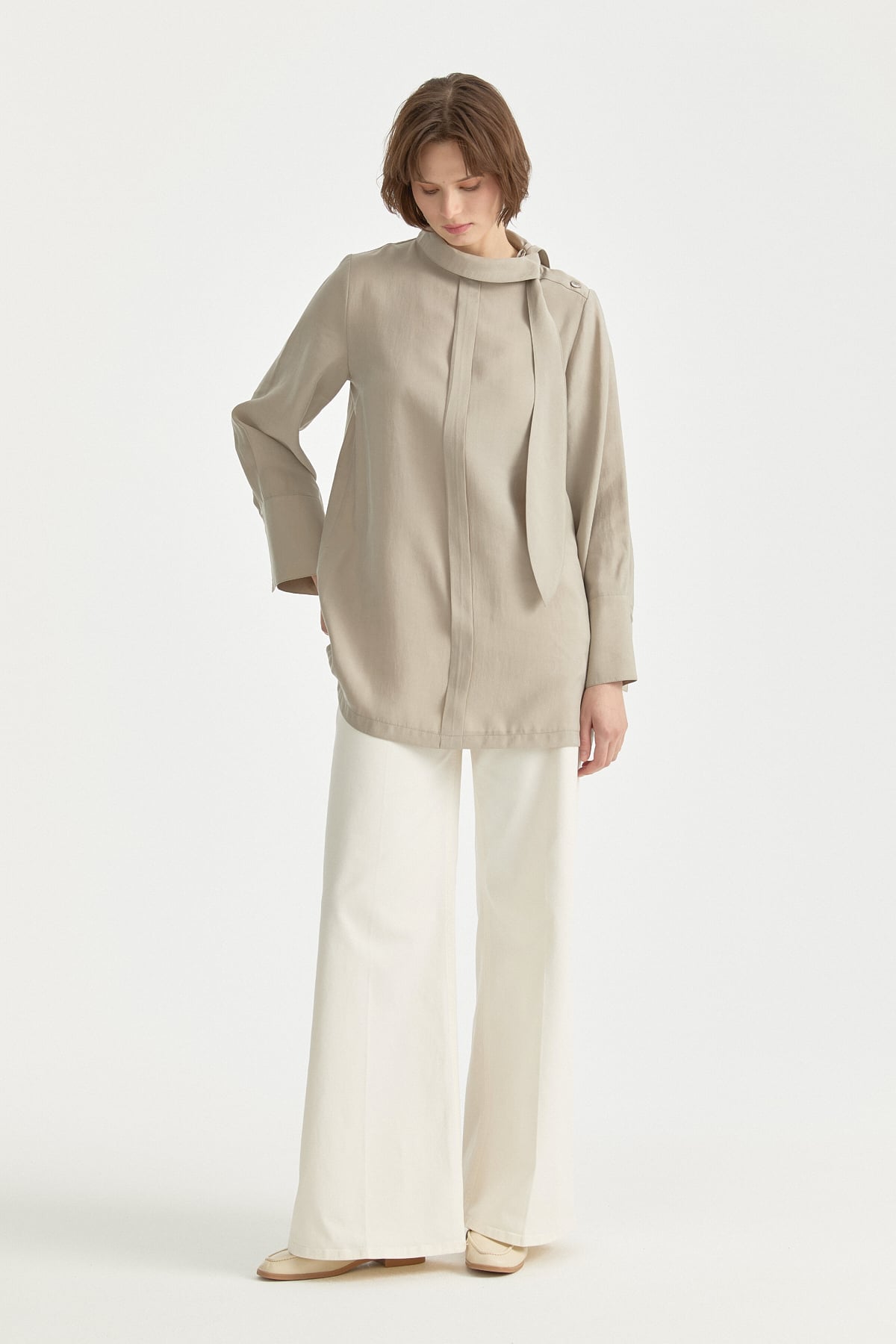 Fular Yaka Tencel Tunik  Taş