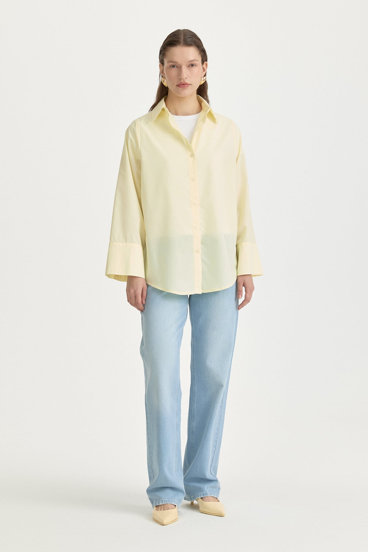 Geniş Manşetli Pamuk Gömlek  Sarı