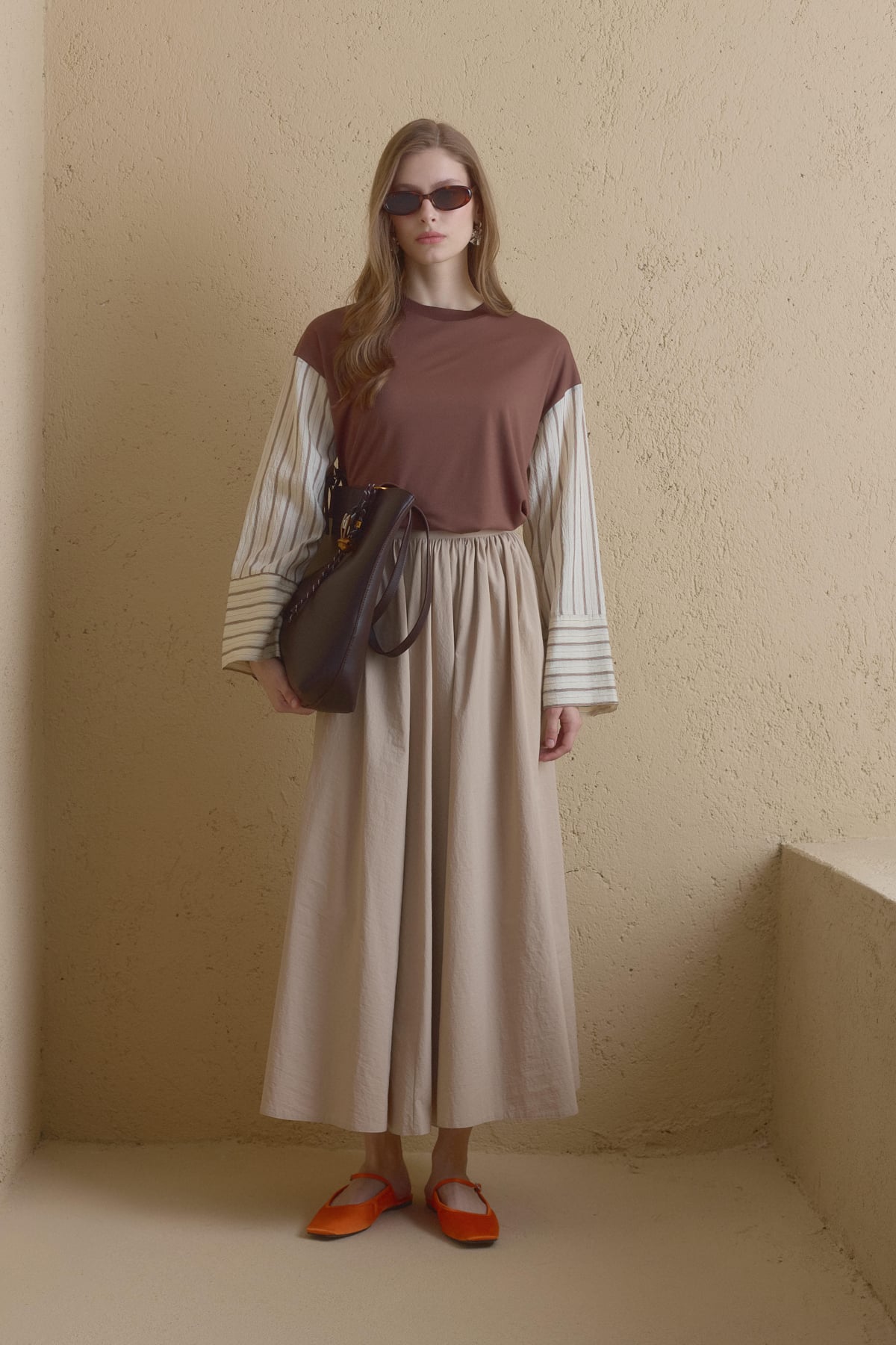 Geniş Manşetli Ribanalı Örme Rayon Sweat  Kahve