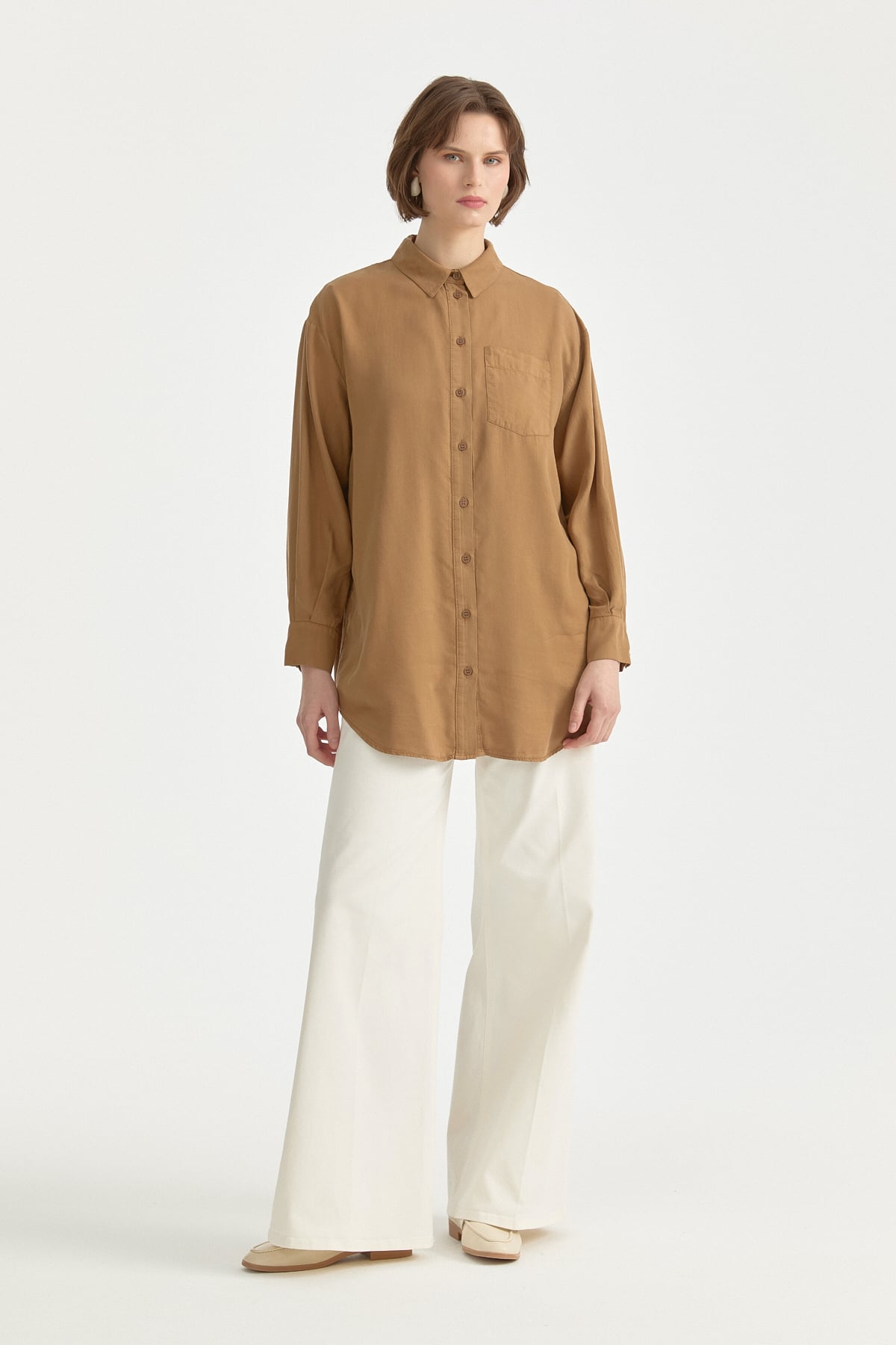 Gömlek Yaka Tencel Tunik  Camel