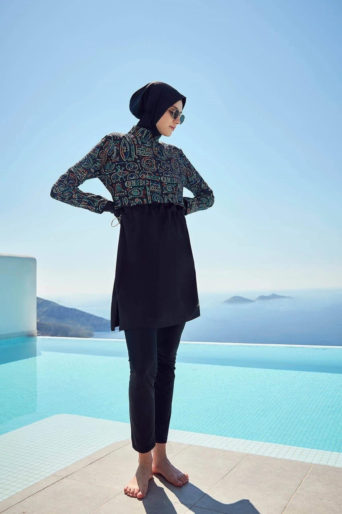 HAŞEMA Beach Wear Esila Jileli Tesettür Mayo Takımı  Petrol_modest
