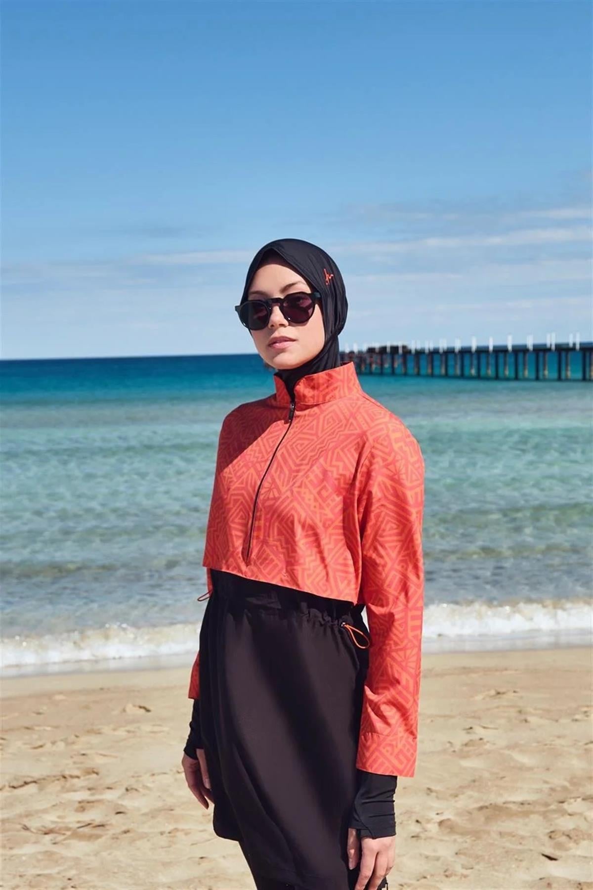 HAŞEMA Beach Wear Esila Jileli Tesettür Mayo Takımı  Turuncu_modest