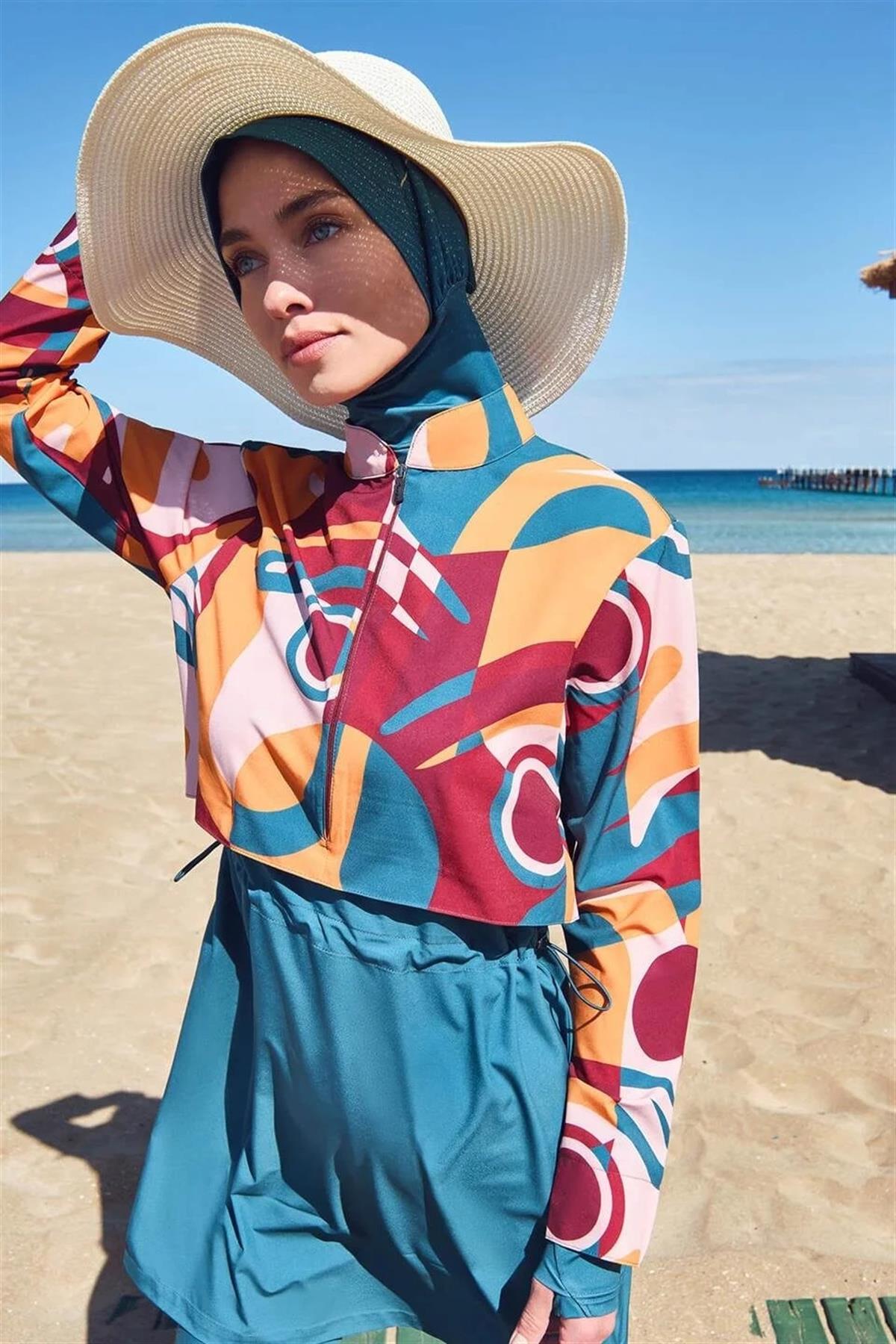 HAŞEMA Beach Wear Esila Jileli Tesettür Mayo Takımı  Yeşil_modest