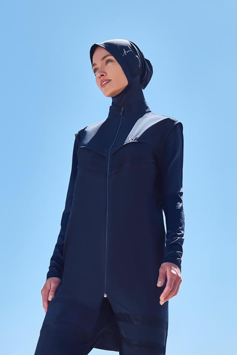 HAŞEMA Beach Wear Miray File Detaylı Esnek Dokuma 6 Parça Tesettür Mayo Takımı  Lacivert_modest