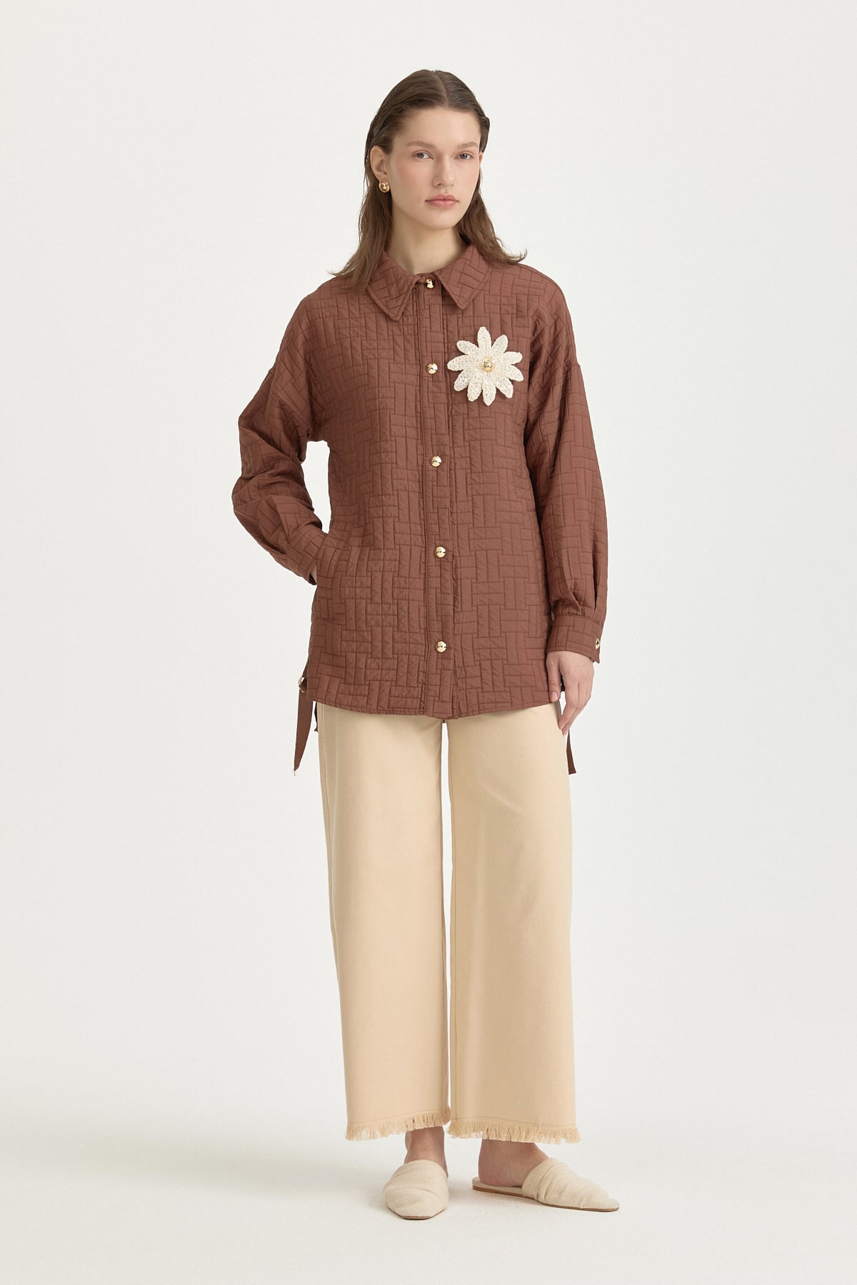 İnce Kapitone Broşlu Ceket  Kahve