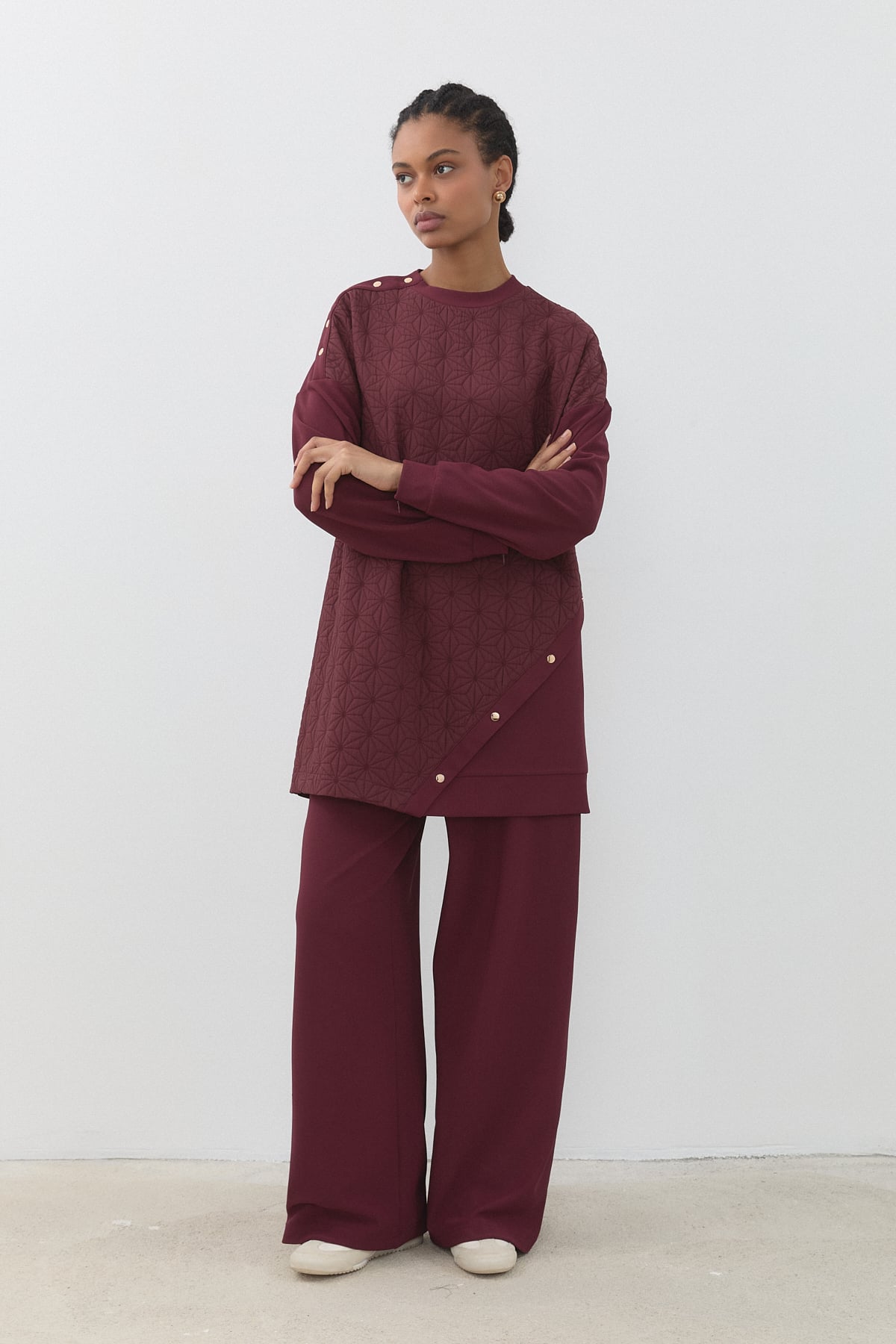 İnce Kapitone Detaylı Örme Pantolon Tunik Takım  Bordo