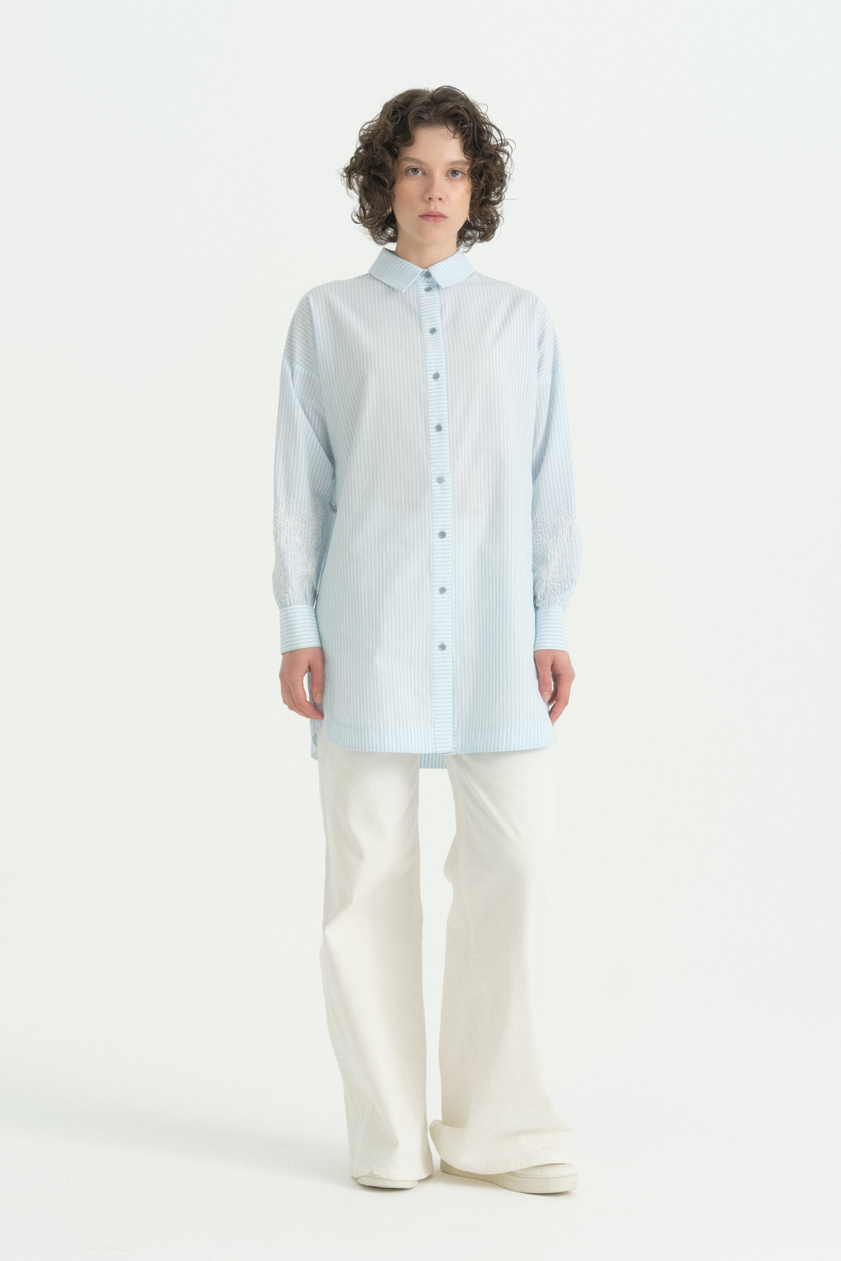 Kolları Nakışlı Çizgili Pamuk Tunik  Aqua