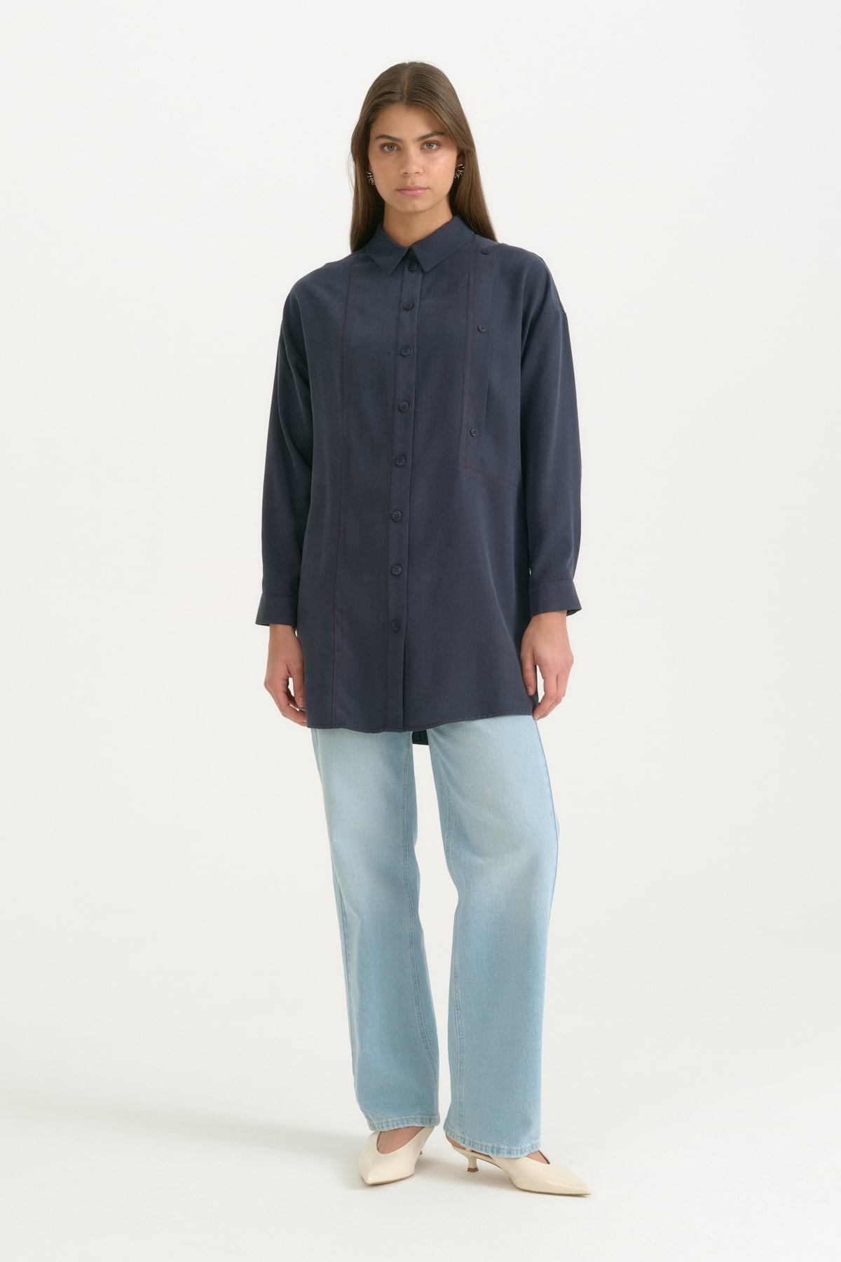 Kontrast Dikiş Detaylı Oversize Lyocell Tunik  Lacivert