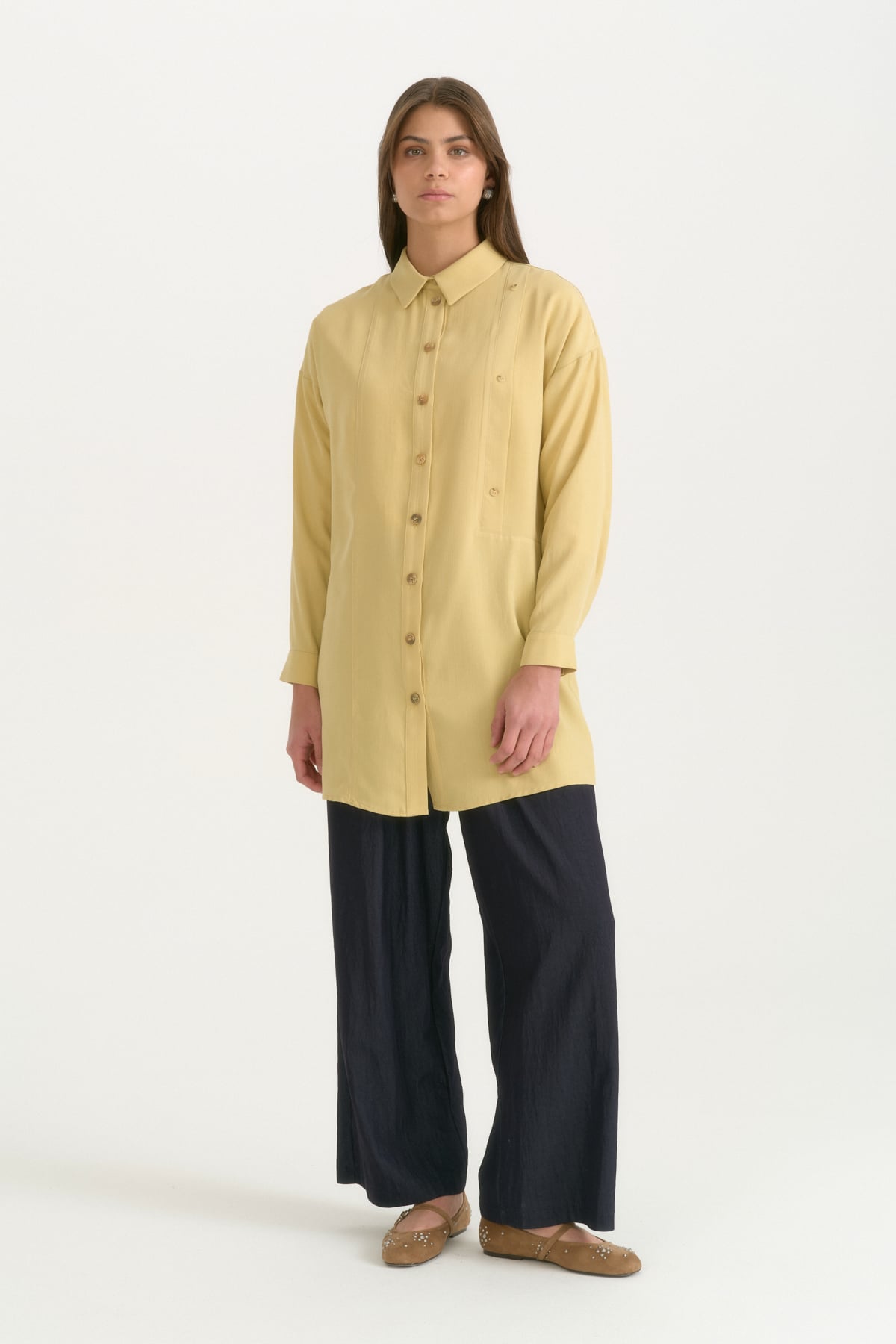 Kontrast Dikiş Detaylı Oversize Lyocell Tunik  Asit