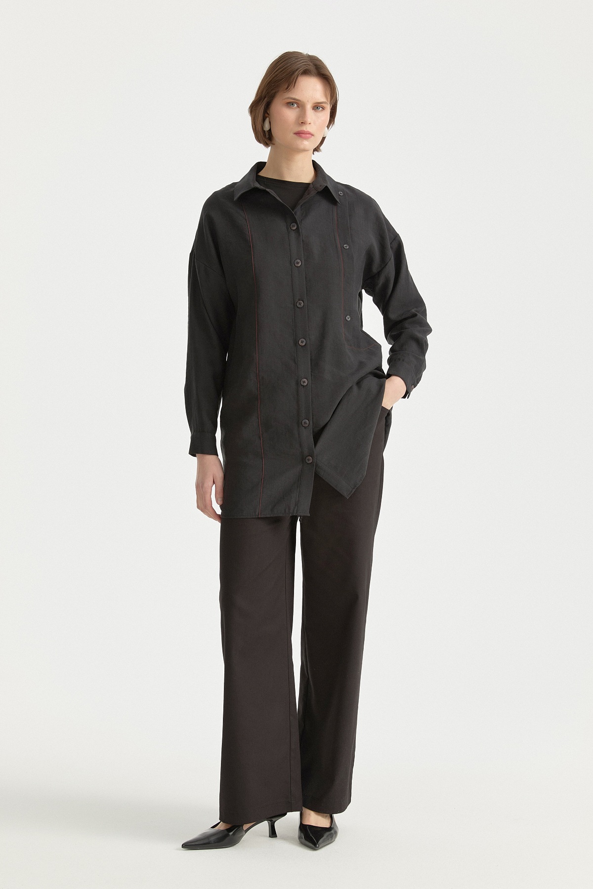 Kontrast Dikiş Detaylı Oversize Tencel Tunik  Siyah