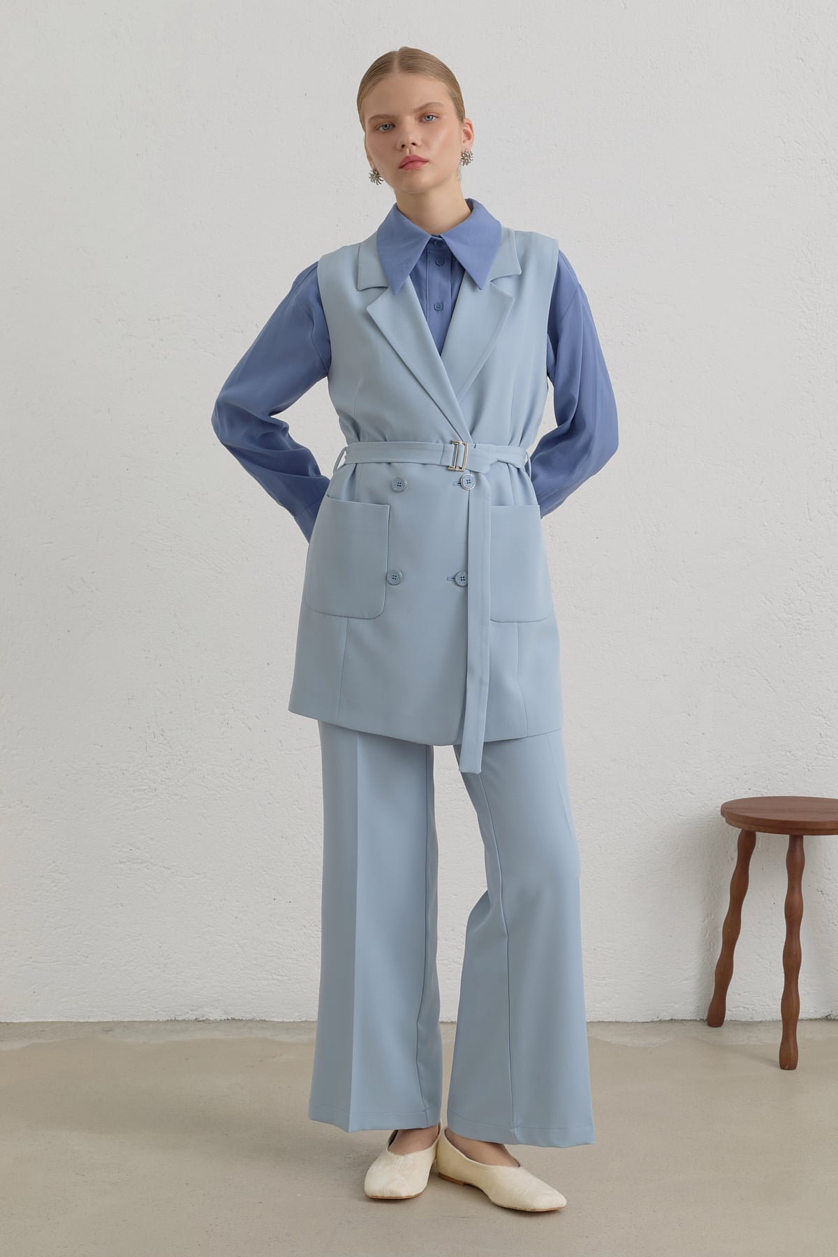 Kuşaklı Blazer Yelek  Açık Mavi