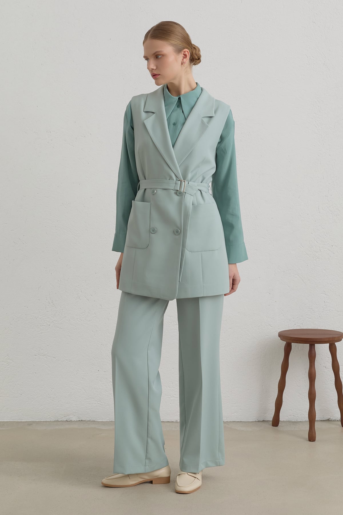 Kuşaklı Blazer Yelek  Aqua