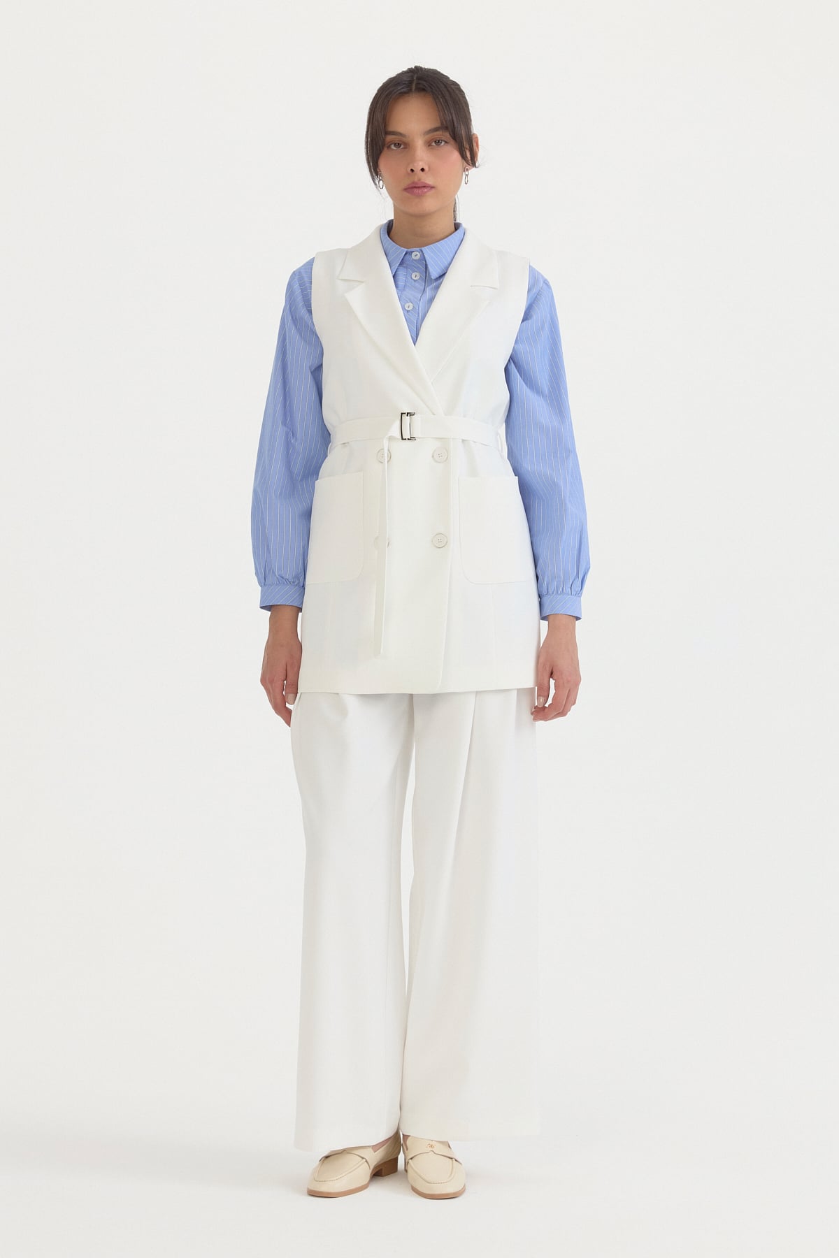 Kuşaklı Blazer Yelek  Ekru