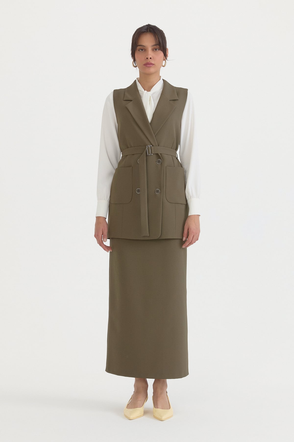 Kuşaklı Blazer Yelek  Haki