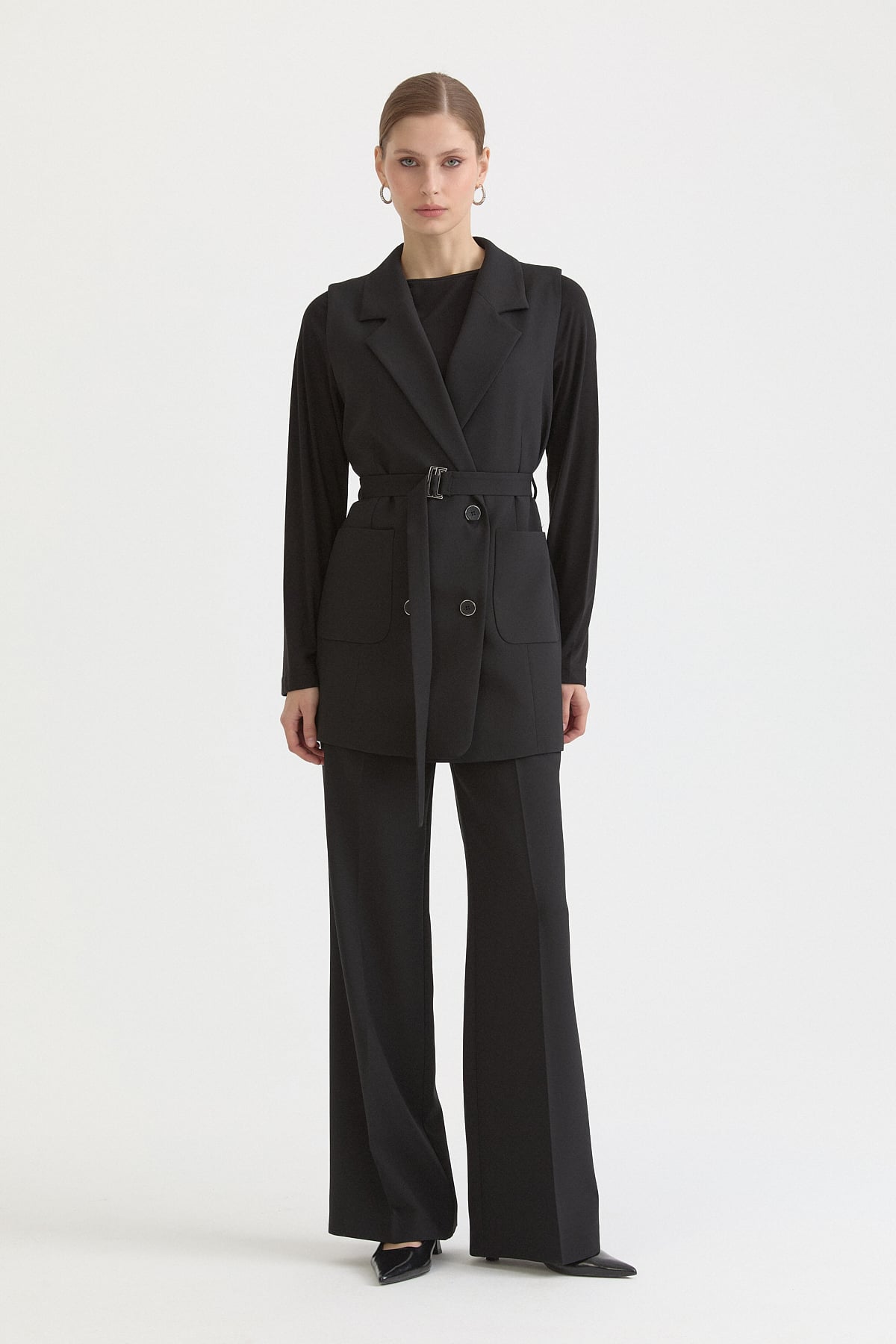 Kuşaklı Blazer Yelek  Siyah