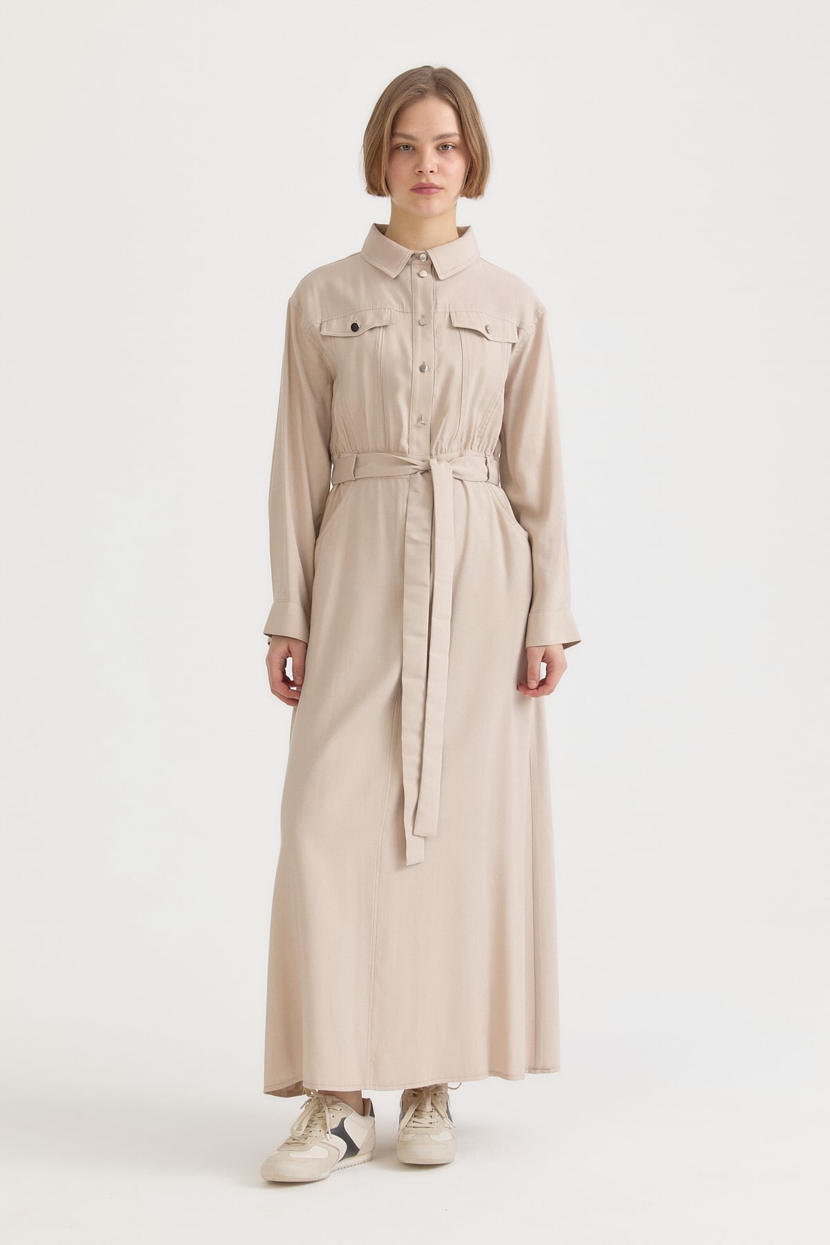 Kuşaklı Lyocell Gömlek Elbise  Bej