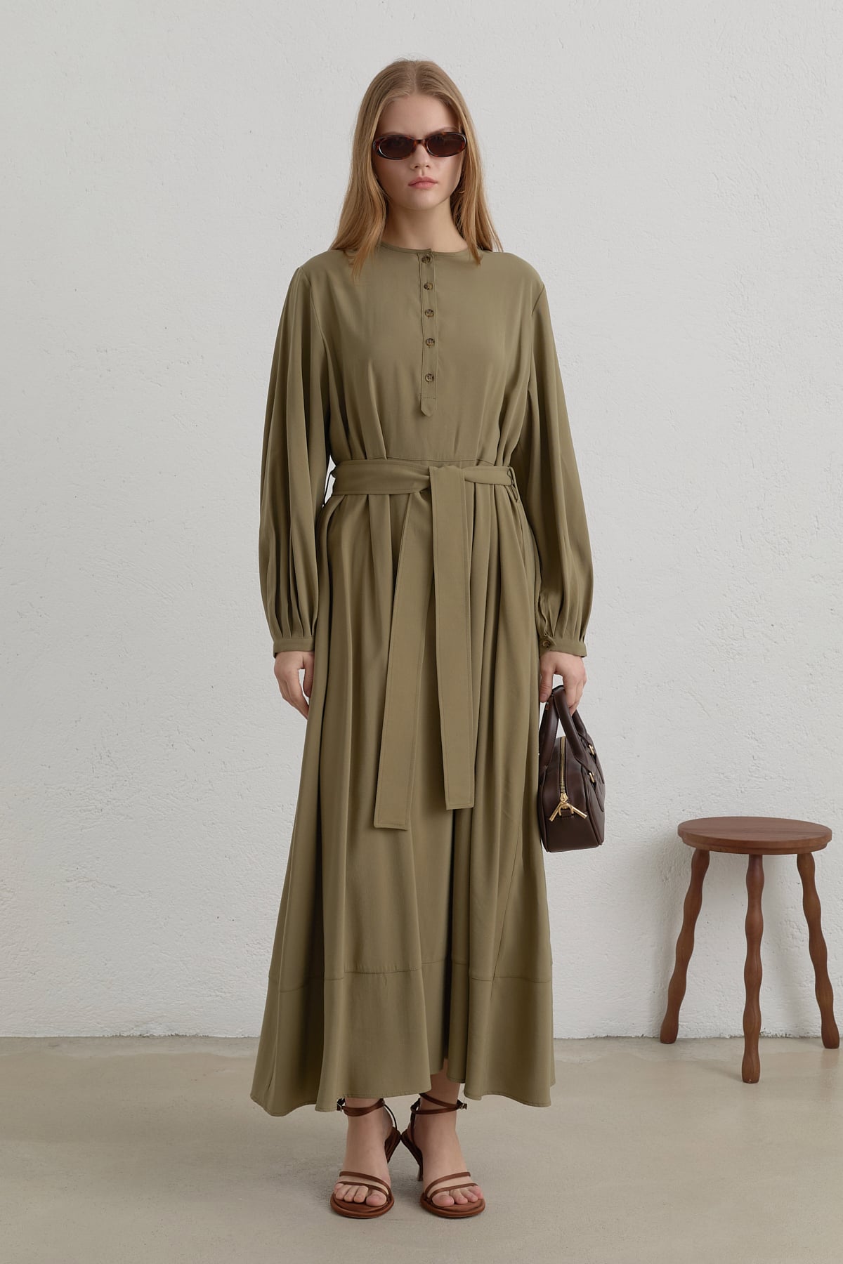 Kuşaklı Lyocell Gömlek Elbise  Haki