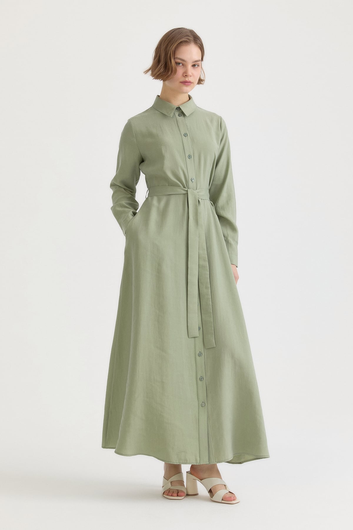 Kuşaklı Lyocell Gömlek Elbise  Yeşil