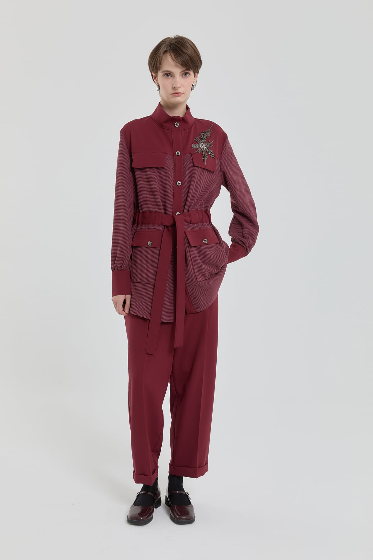 MY312 Takım Büzgü Detaylı Pantolon Ceket Takım  Bordo_modest