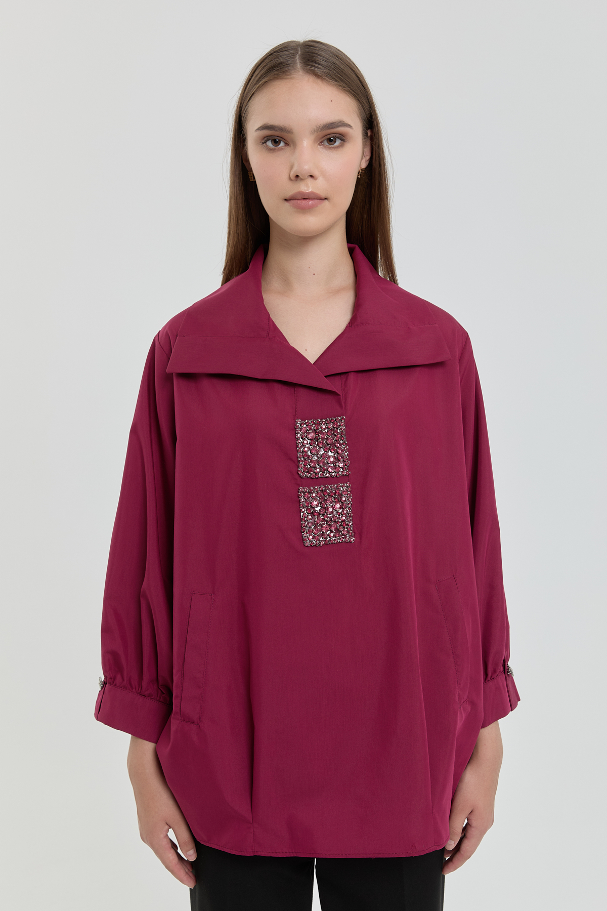 MY312 Tunic Kare Taşlı Gömlek Tunik  Bordo_modest