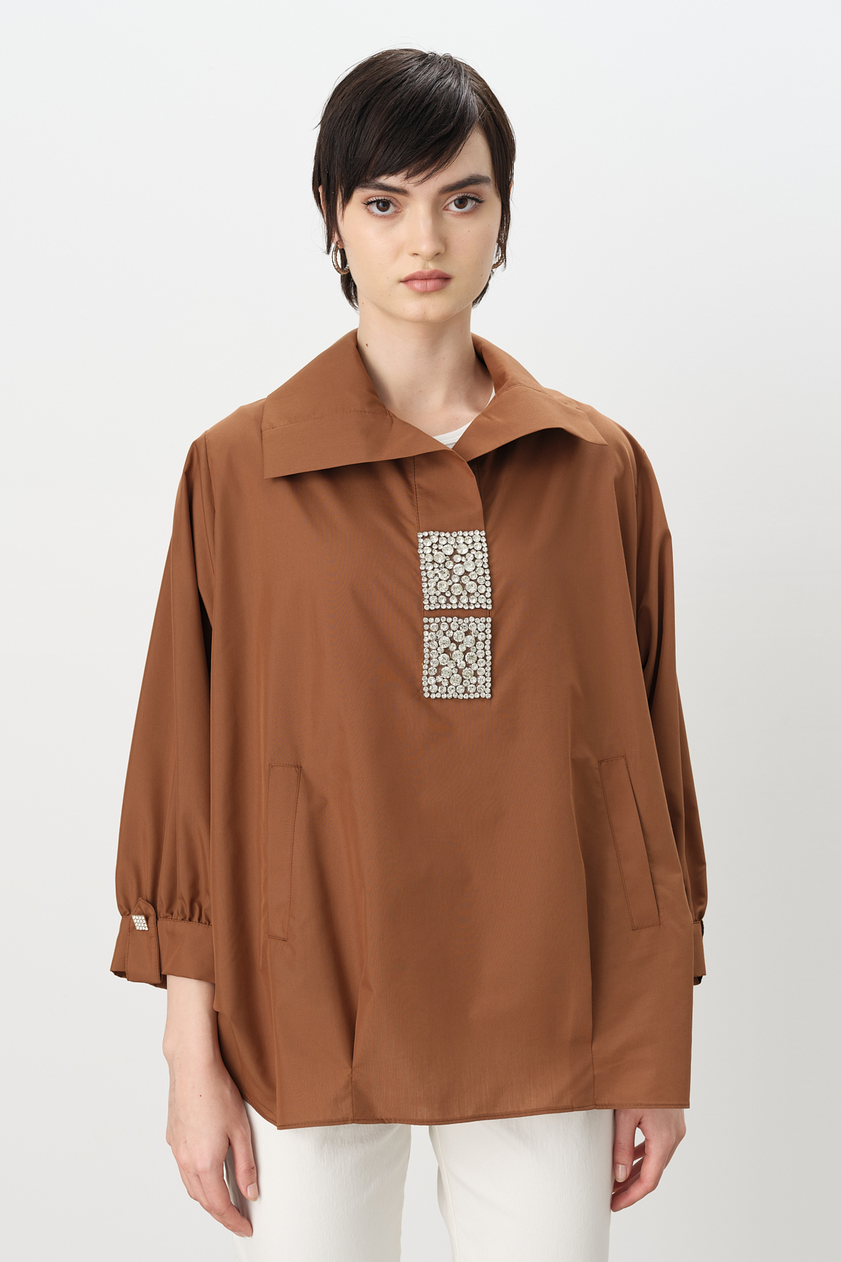 MY312 Tunik Kare Taşlı Gömlek Tunik  Çikolata_modest