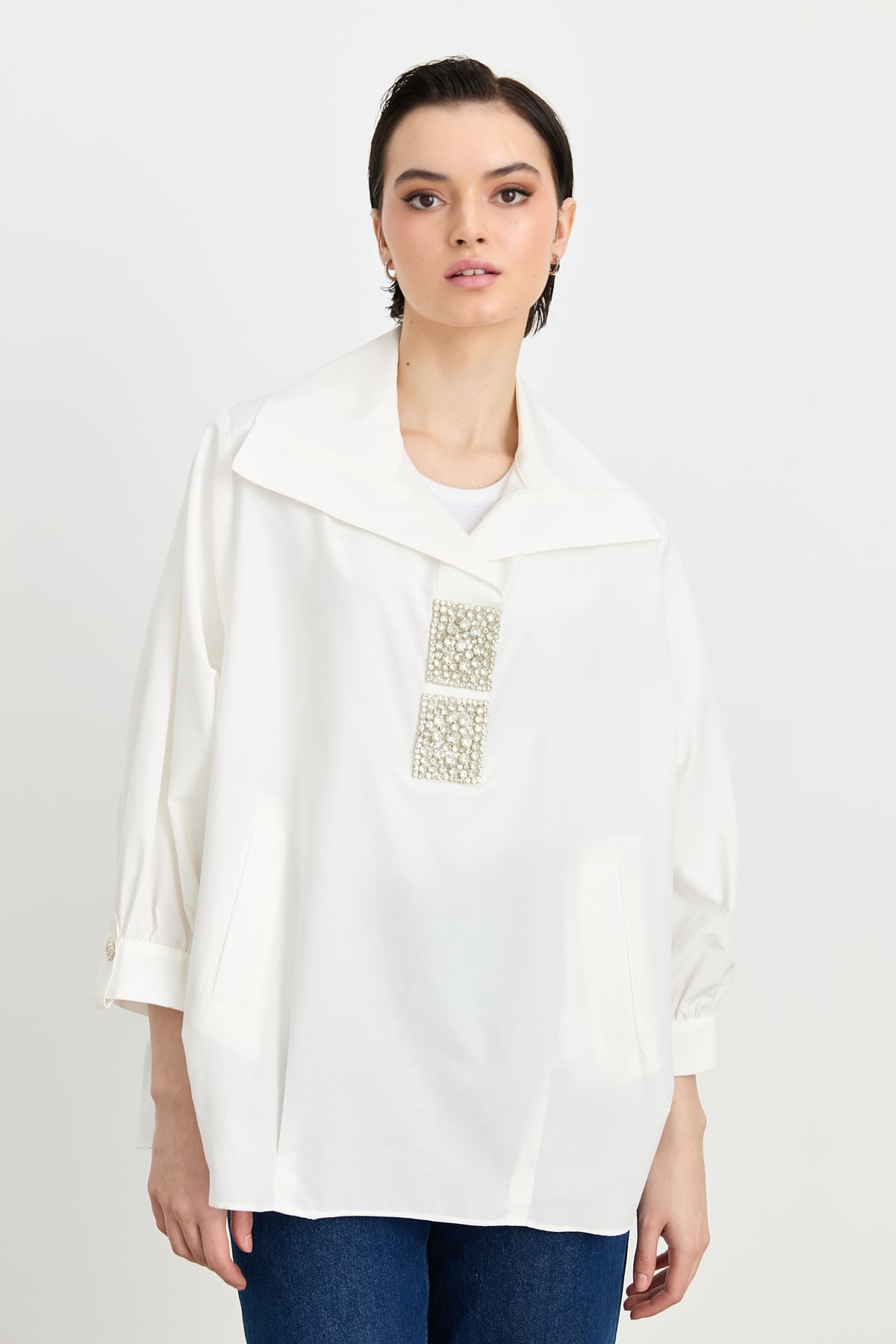 MY312 Tunik Kare Taşlı Gömlek Tunik  Ekru_modest