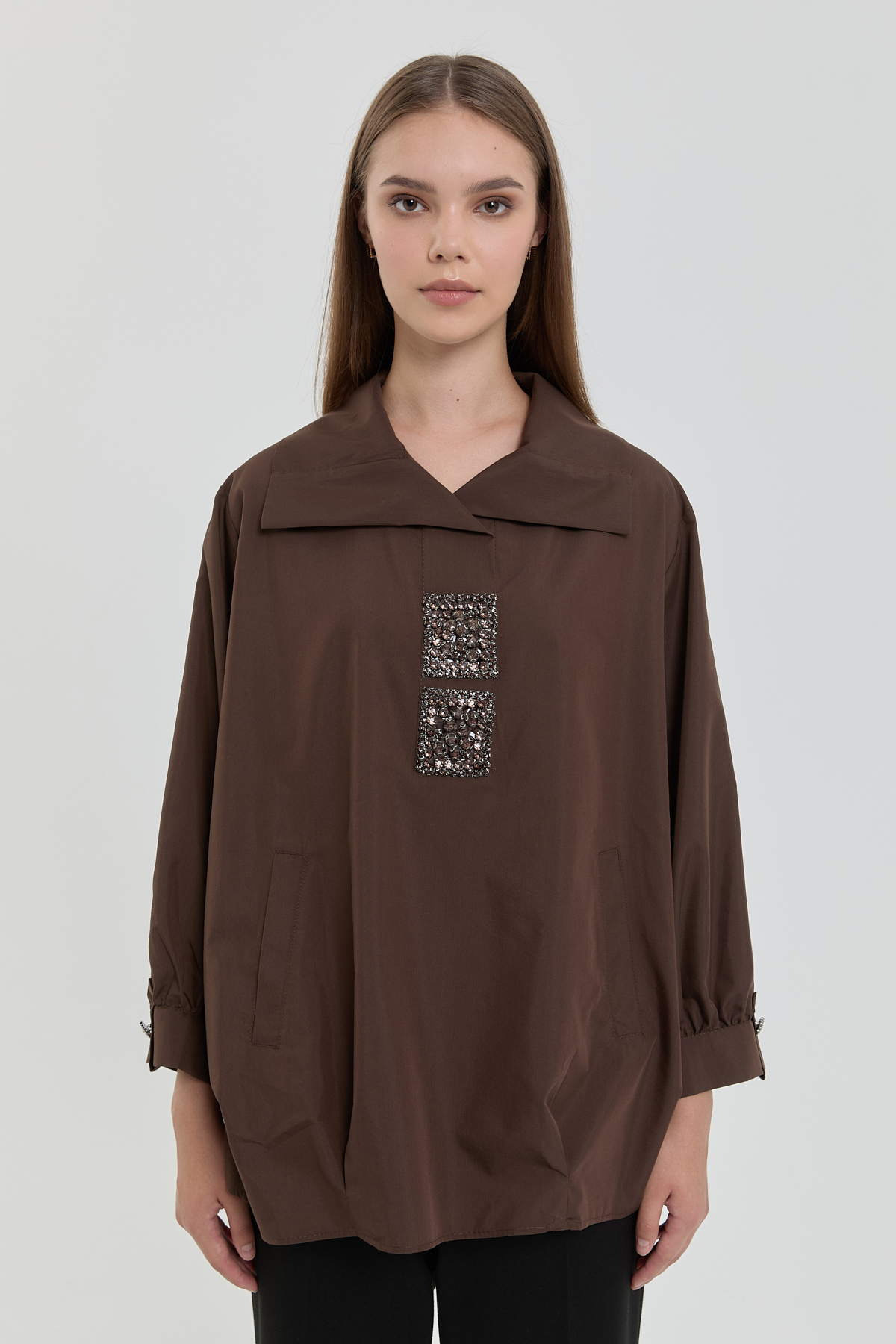 MY312 Tunik Kare Taşlı Gömlek Tunik  Kahve_modest