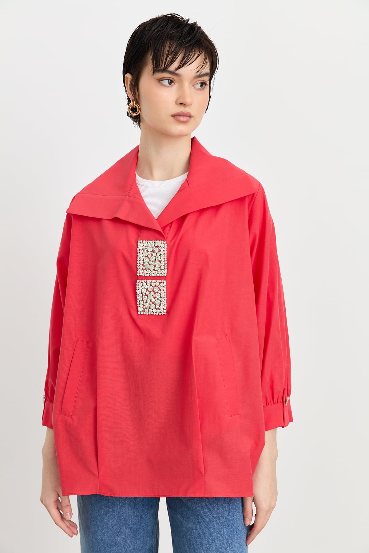 MY312 Tunik Kare Taşlı Gömlek Tunik  Mercan_modest