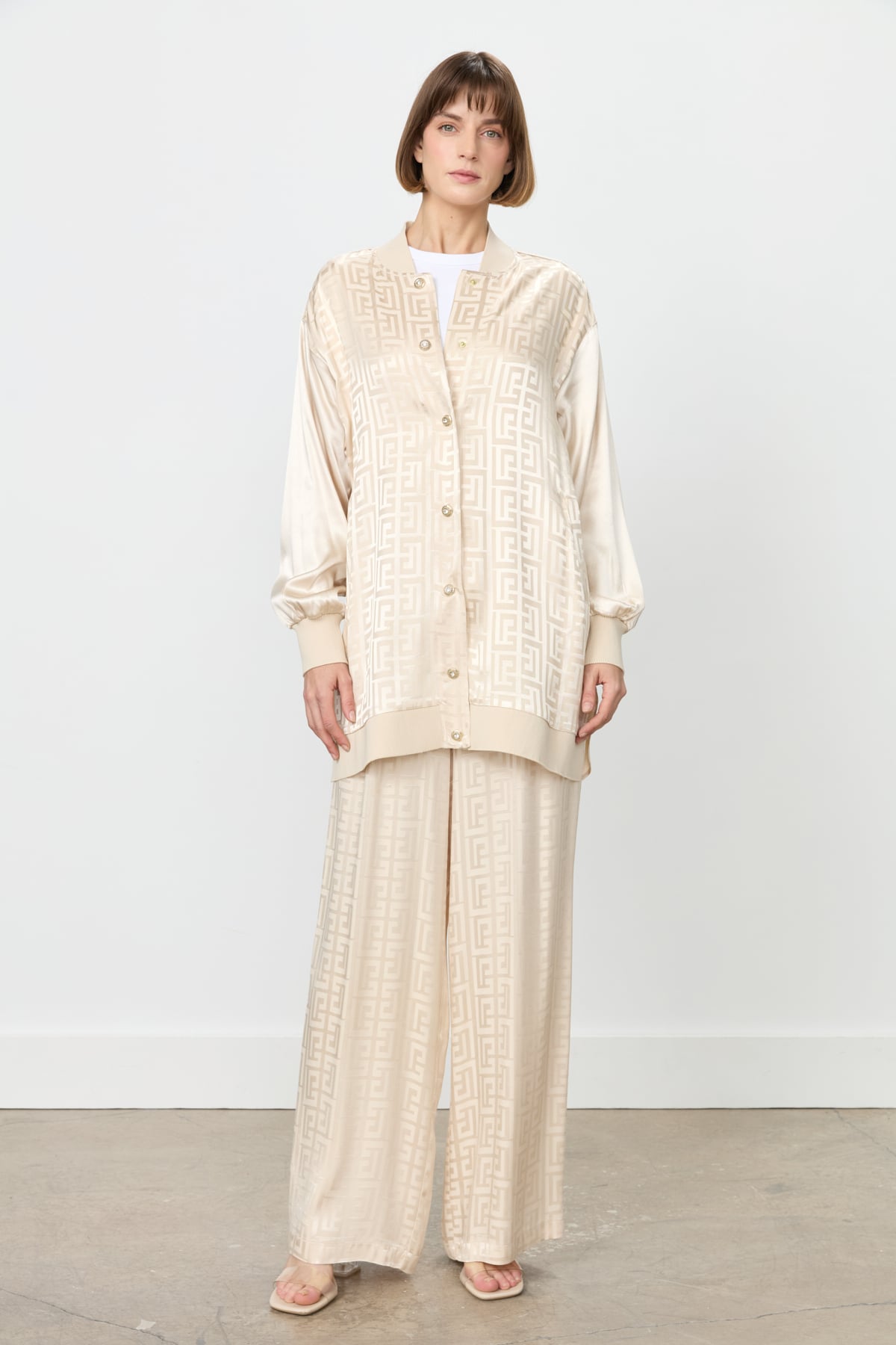 MY312 Takım Omzu Taşlı Jakar Pantolon Tunik Takım  Bej_modest