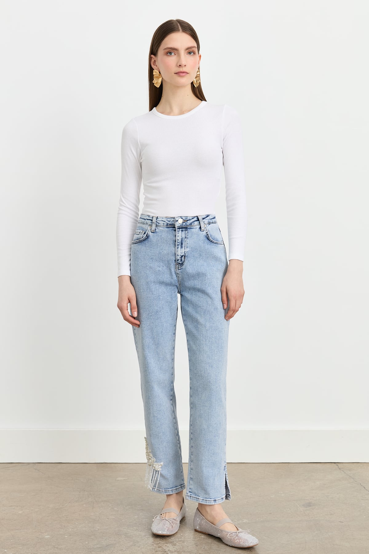 MY312 Pantolon Paçası İşlemeli Jean Pantolon  Mavi_modest