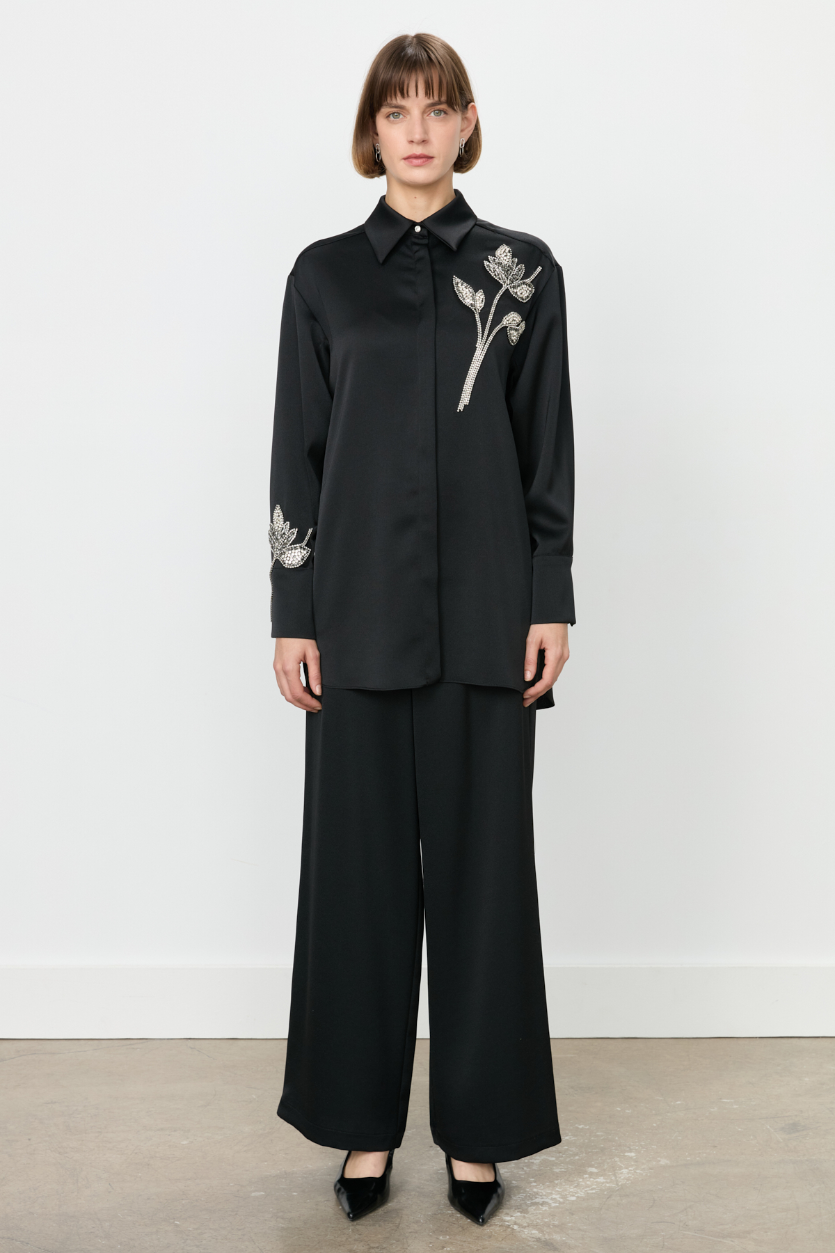 MY312 Takım Taş Detaylı Saten Pantolon Tunik Takım  Siyah_modest