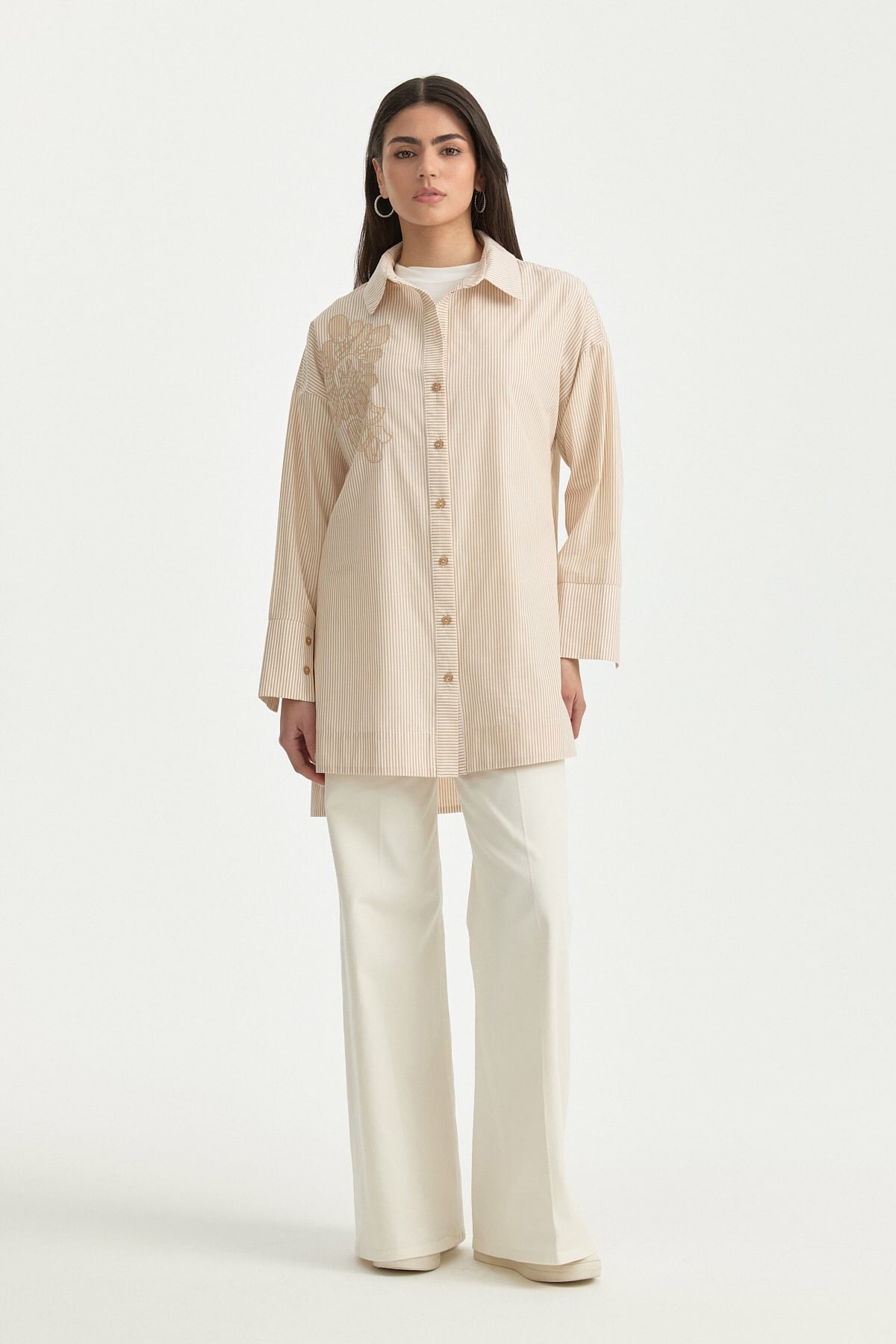 Nakış Detaylı Çizgili Pamuk Tunik  Camel