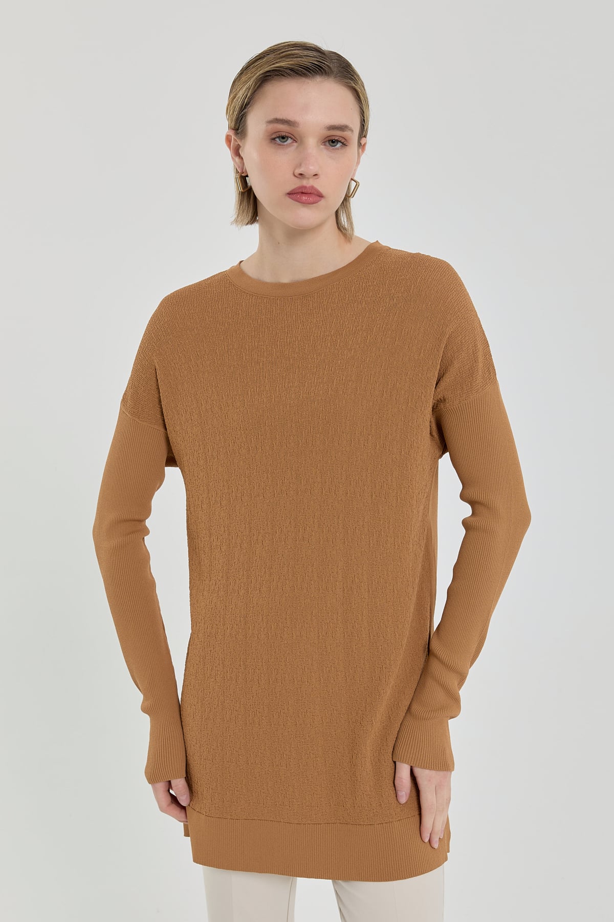 Nihan Ağaç Kabuğu Rayon Triko Tunik  Hardal