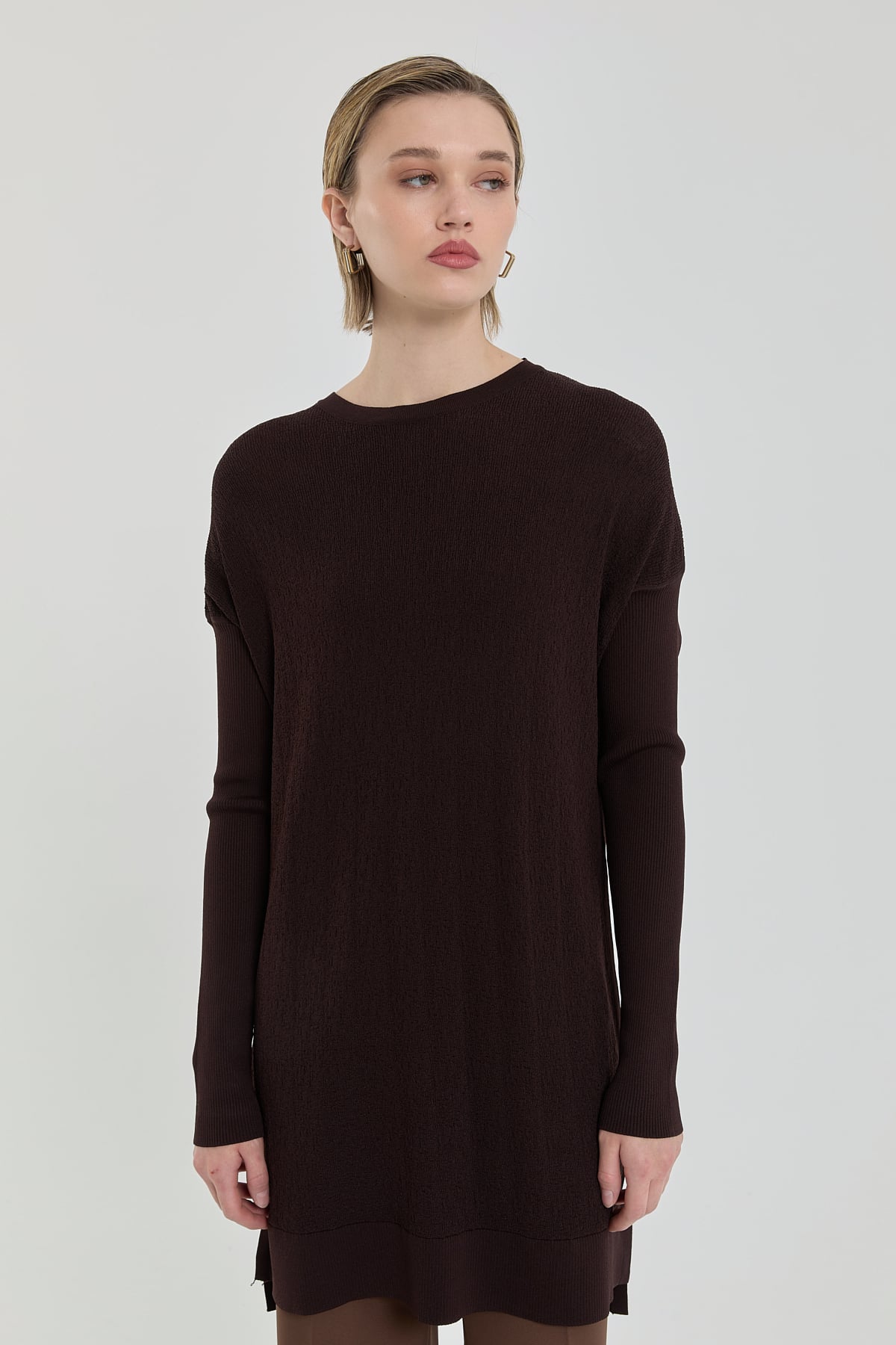 Nihan Ağaç Kabuğu Rayon Triko Tunik  Kahve