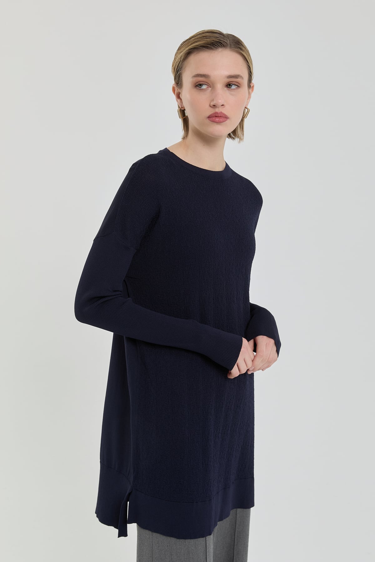 Nihan Ağaç Kabuğu Rayon Triko Tunik  Lacivert