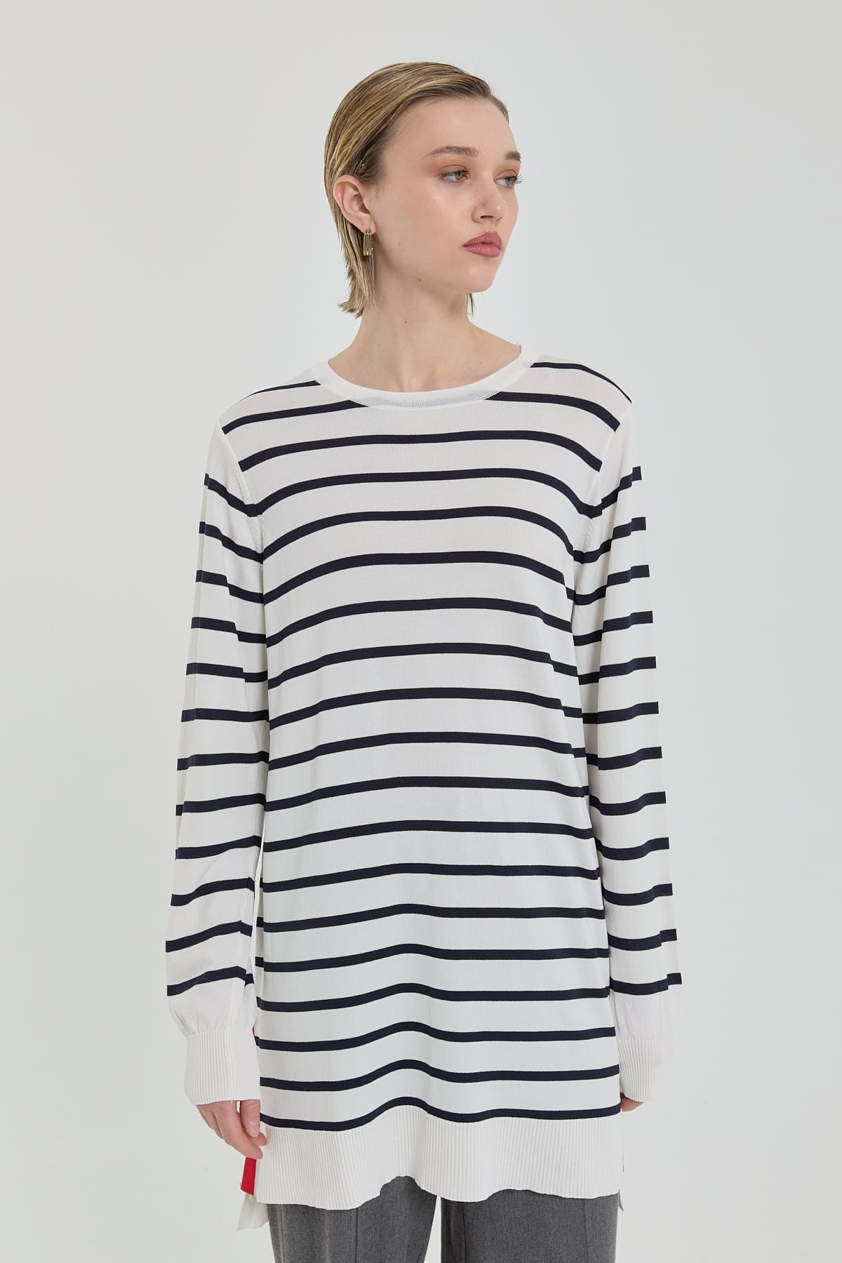Nihan Çizgili Rayon Triko Tunik  Ekru