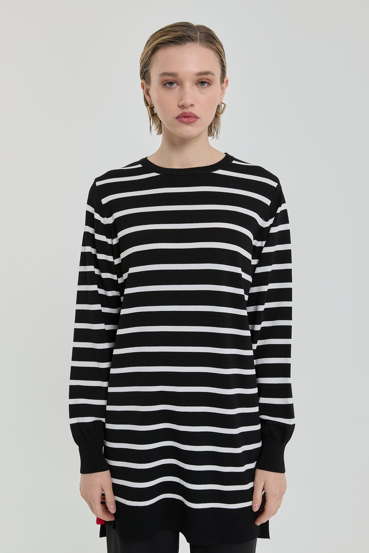 Nihan Çizgili Rayon Triko Tunik  Siyah