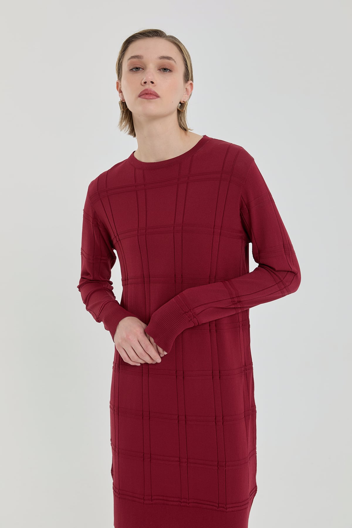 Nihan Kendinden Desenli Rayon Triko Tunik  Bordo